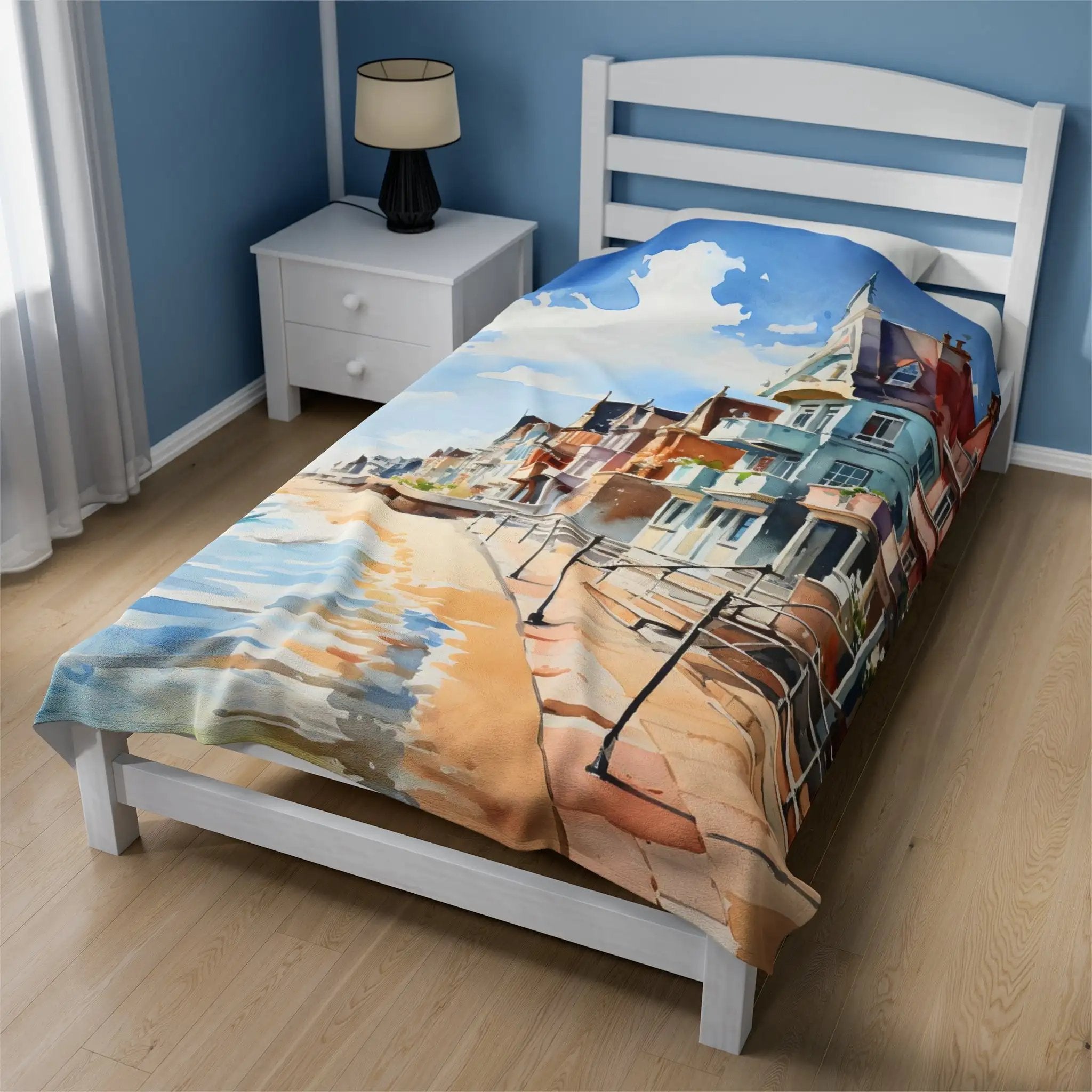 bedroom Blanket | a bed with a painting on it in a room