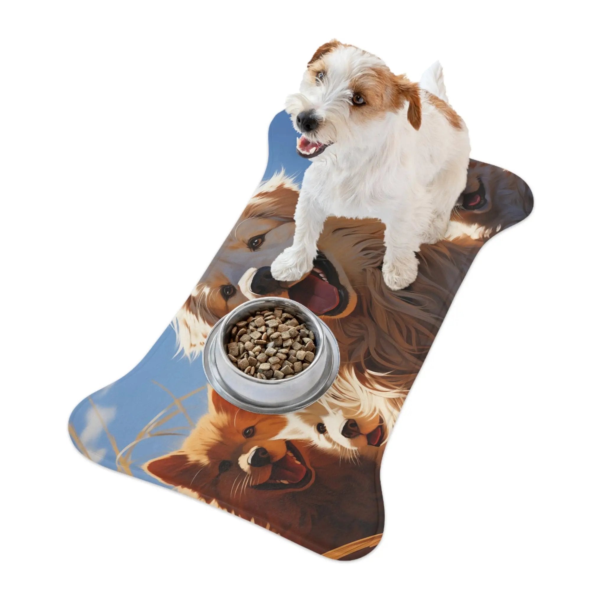 Pet Feeding Mats | a dog standing on top of a dog food dish