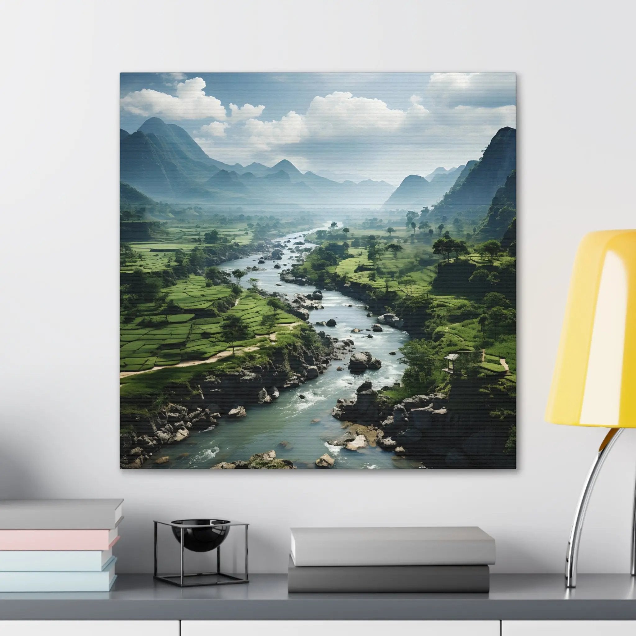 Canvas Gallery Wraps | a painting of a river running through a lush green valley