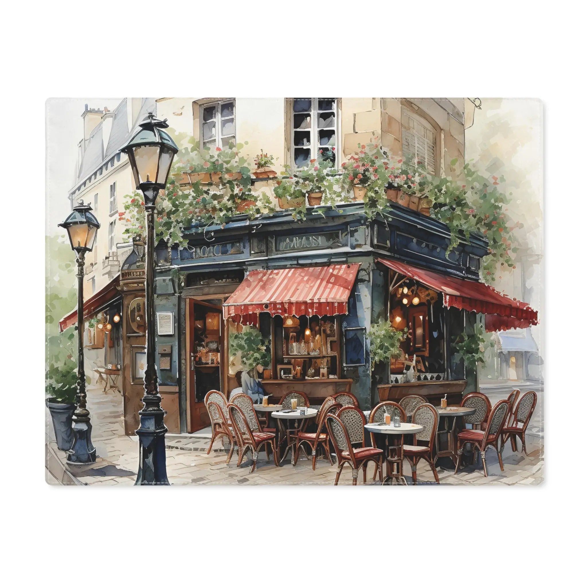 Placemat | a painting of a restaurant with tables and chairs