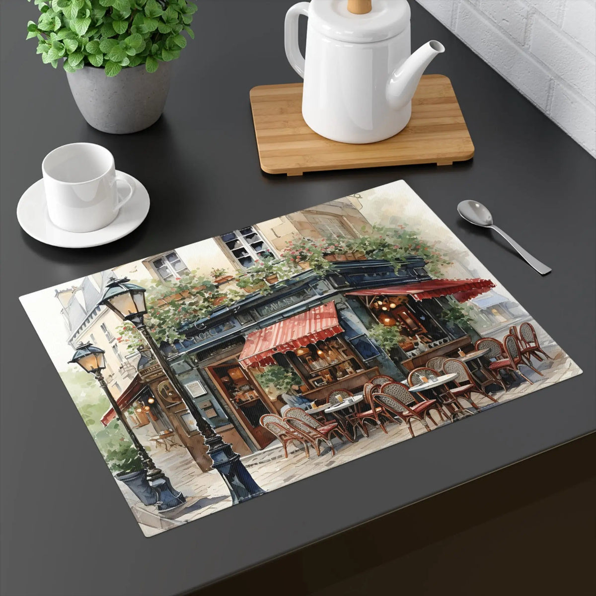 Placemat | a painting of a coffee shop on a table