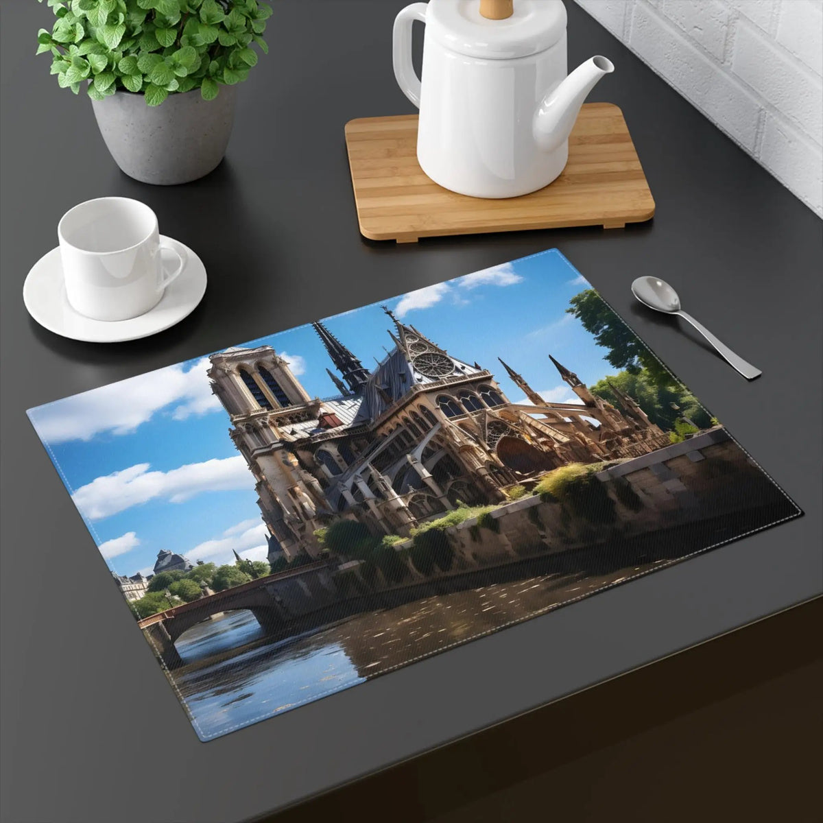 Placemat | a picture of a castle on a table next to a cup of coffee