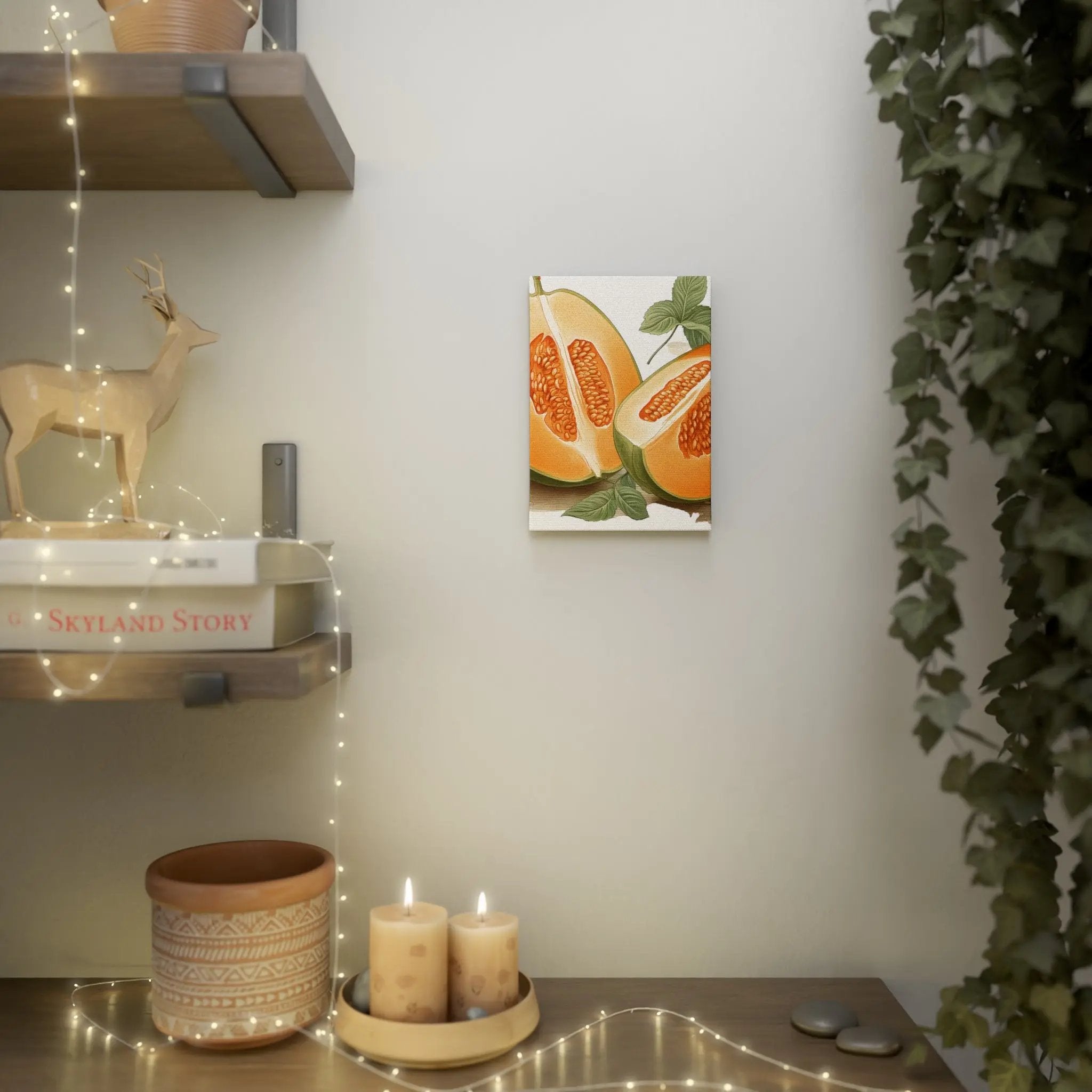 Canvas Gallery Wraps | a shelf with candles and a deer figurine on it