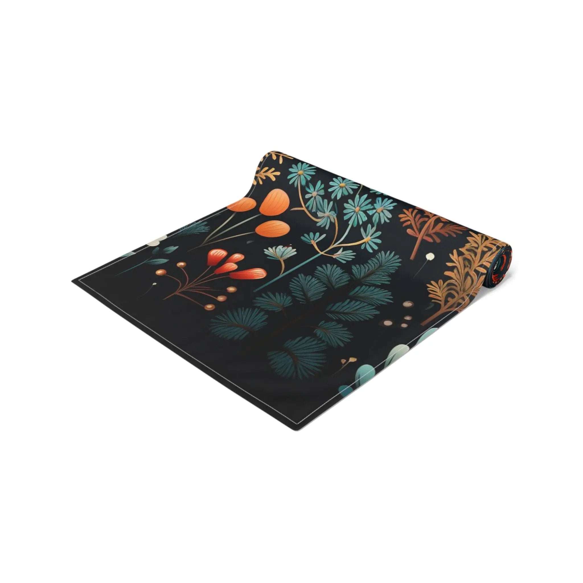 Table runner | a black and orange floral print scarf on a white background