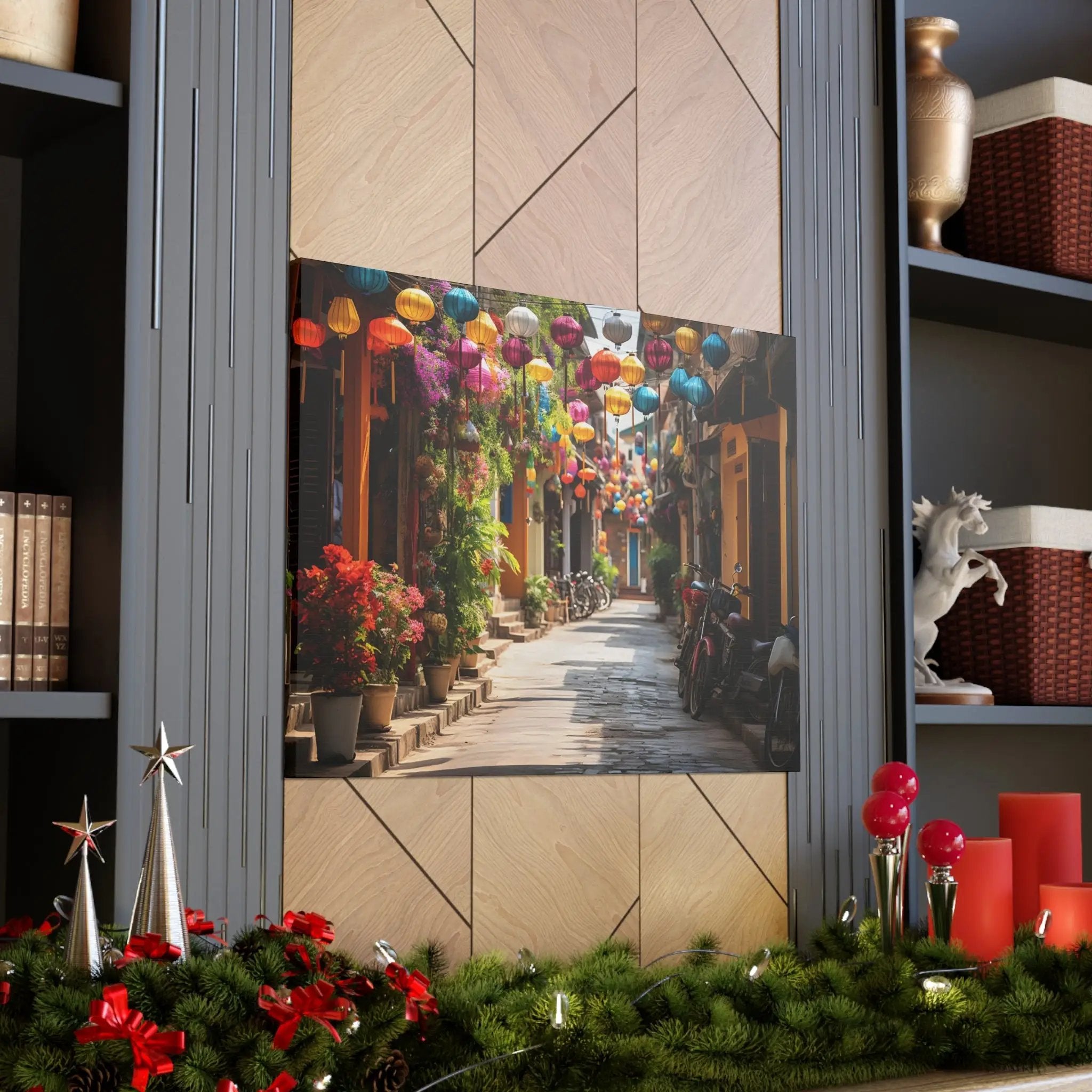 Canvas Gallery Wraps | a picture of a street with christmas decorations