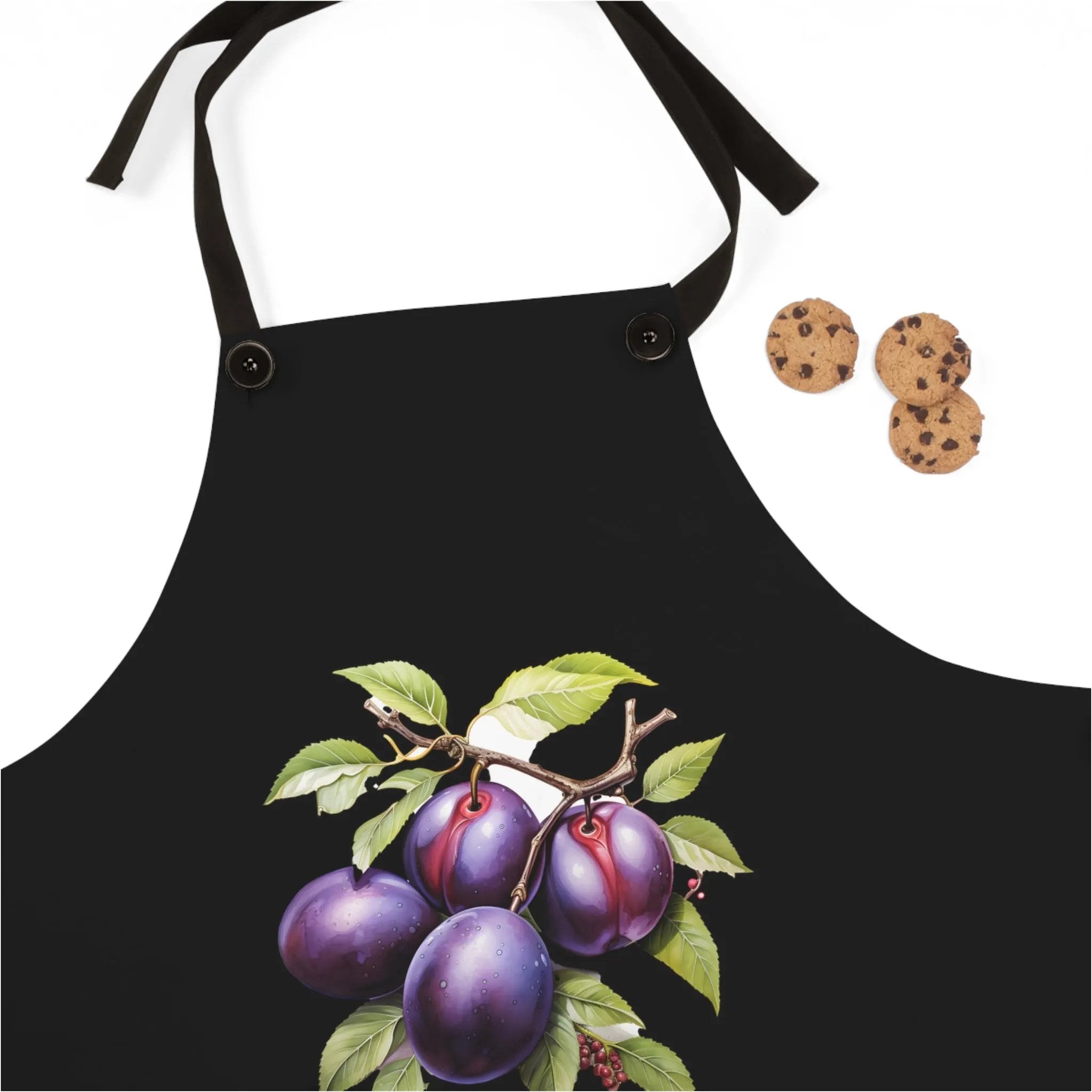 Chef Apron | a painting of plums and cookies on a black apron