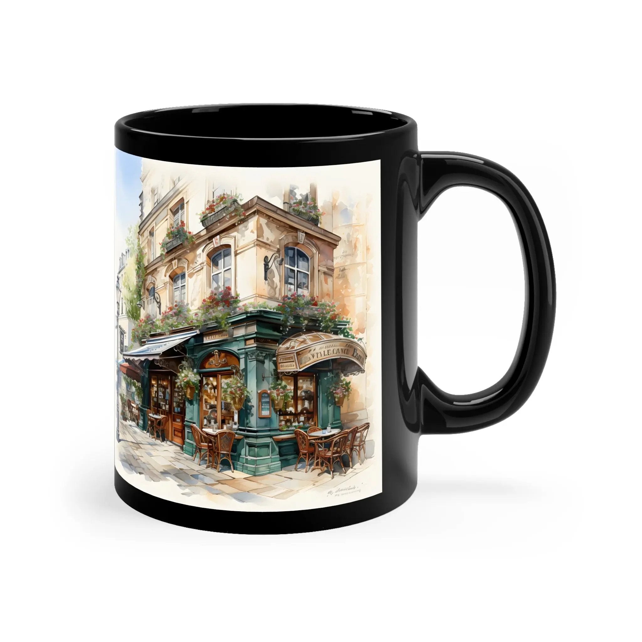 Mugs coffee | a black coffee mug with a picture of a restaurant