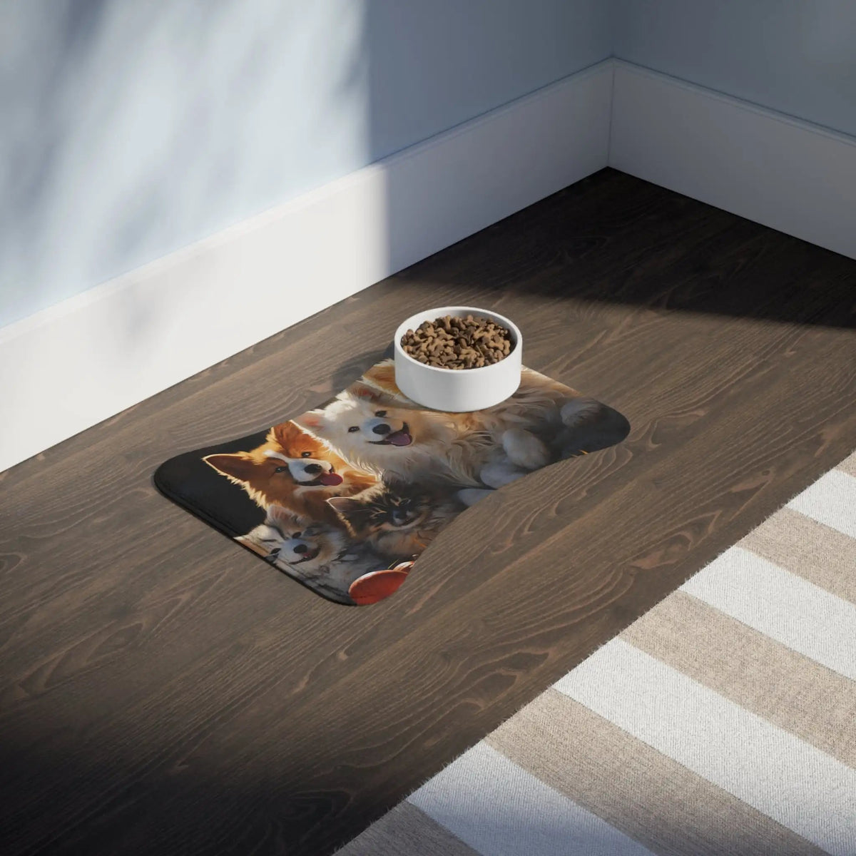 Pet Feeding Mats | a cat eating food out of a bowl on the floor