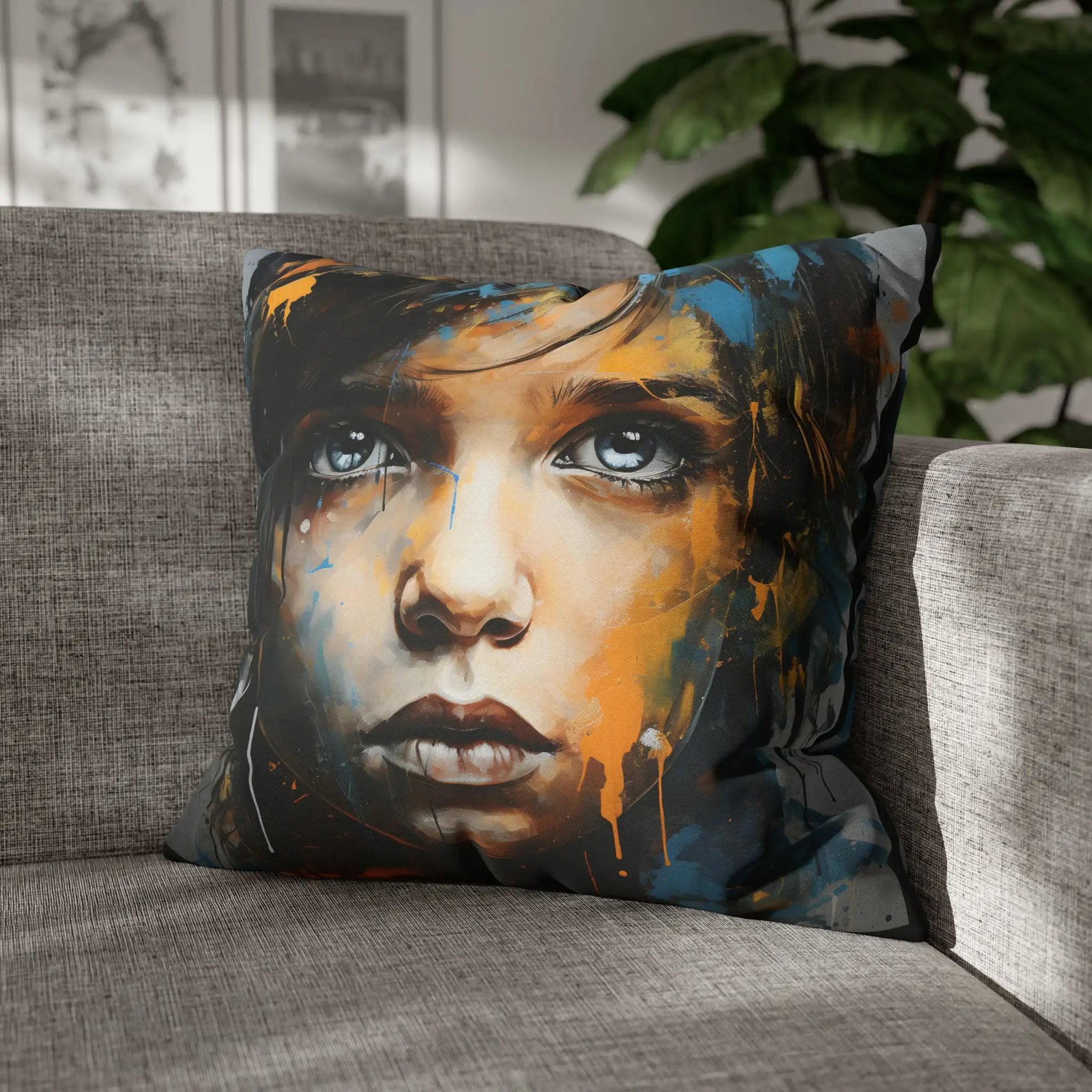 a pillow with a painting of a woman's face on it