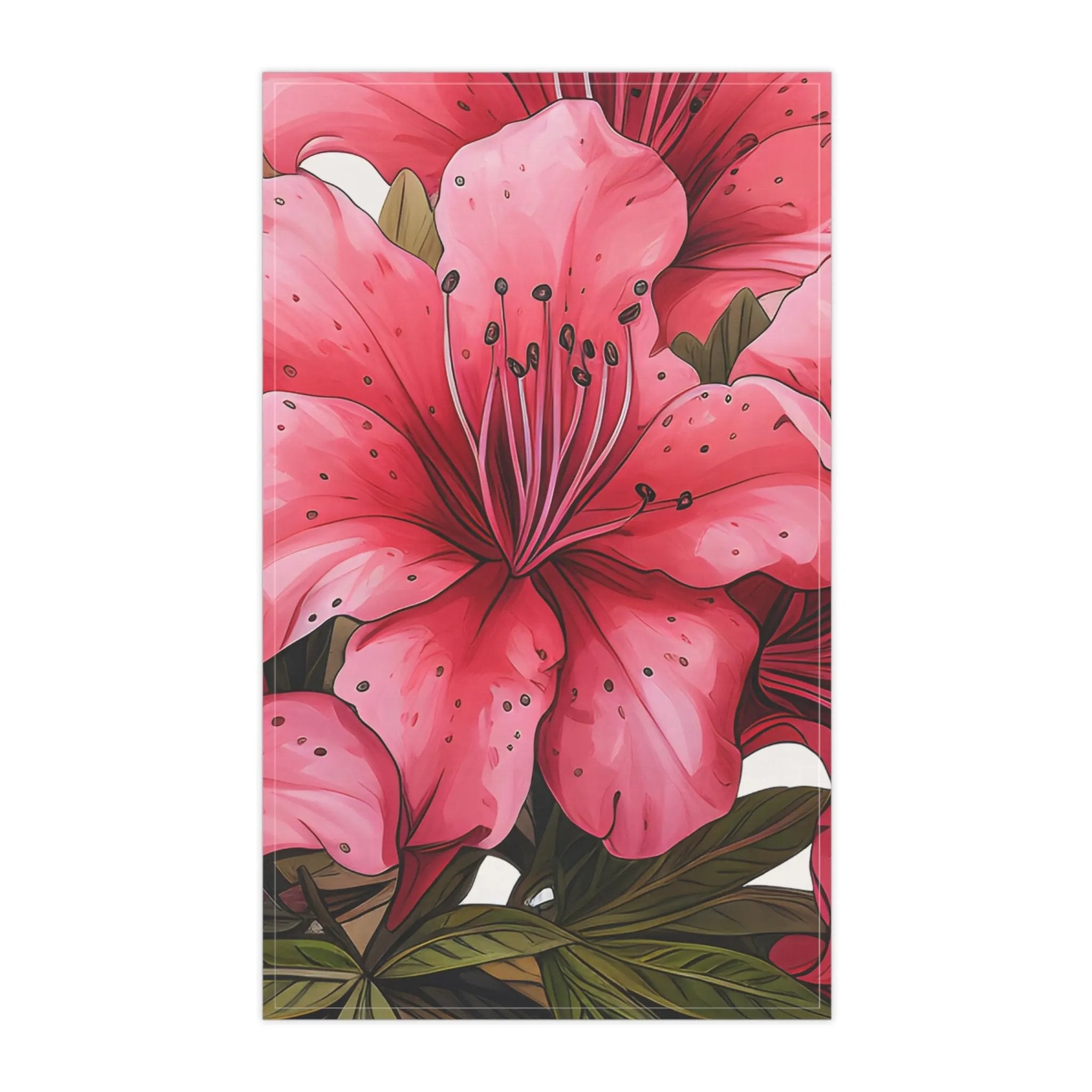 Kitchen Towel | a pink flower with green leaves on a white background