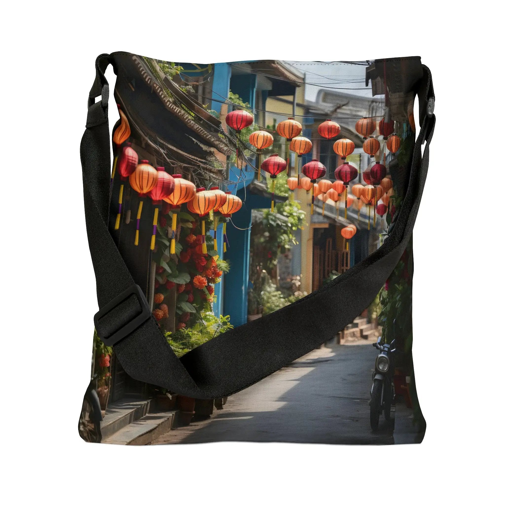 Weekender tote bag | a bag with a picture of a street with lanterns hanging from it