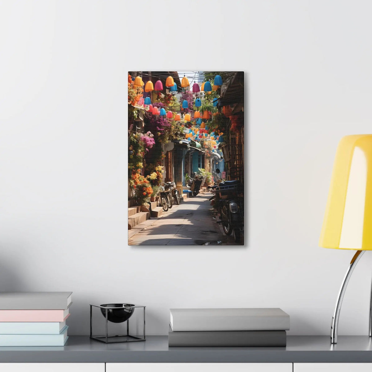 Canvas Gallery Wraps | a table with a lamp and a painting on the wall