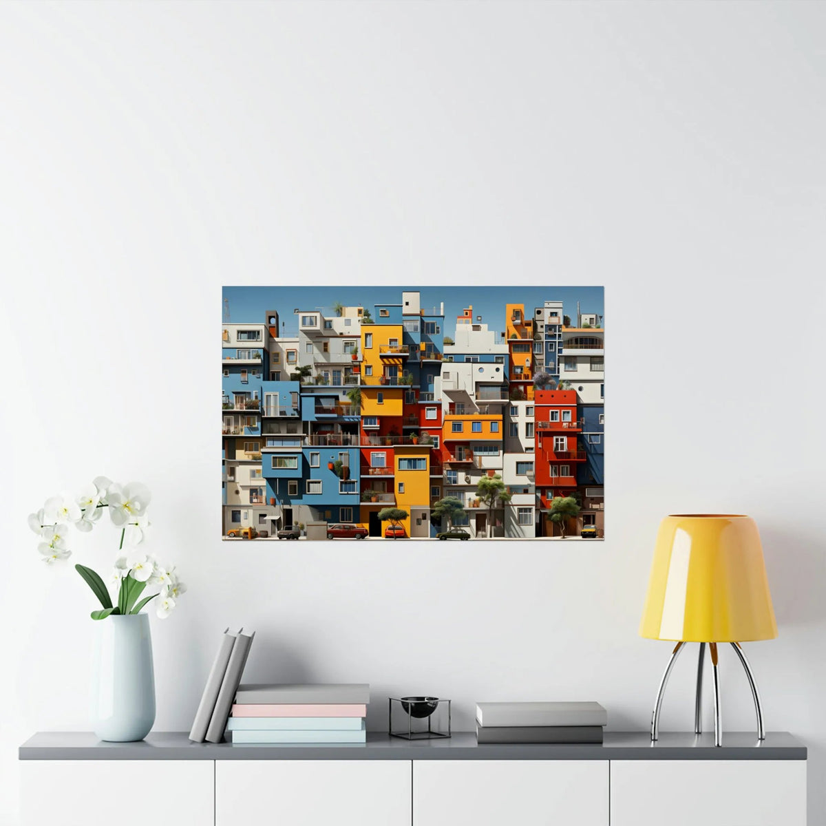 Kawaii Posters | a white wall with a painting of buildings on it