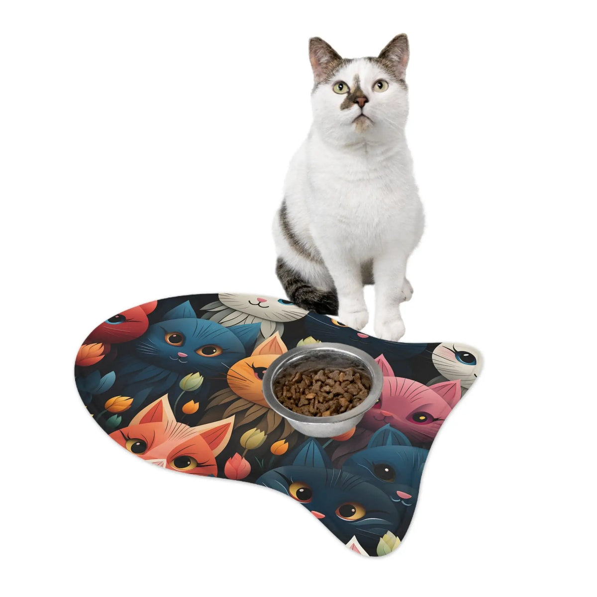 Pet Feeding Mats | a cat sitting on top of a cat food dish