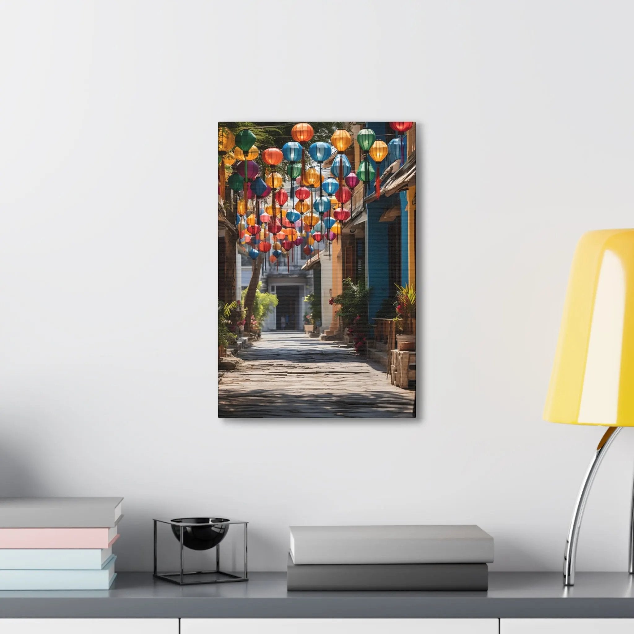 Canvas Gallery Wraps | a room with a table and a lamp on the wall