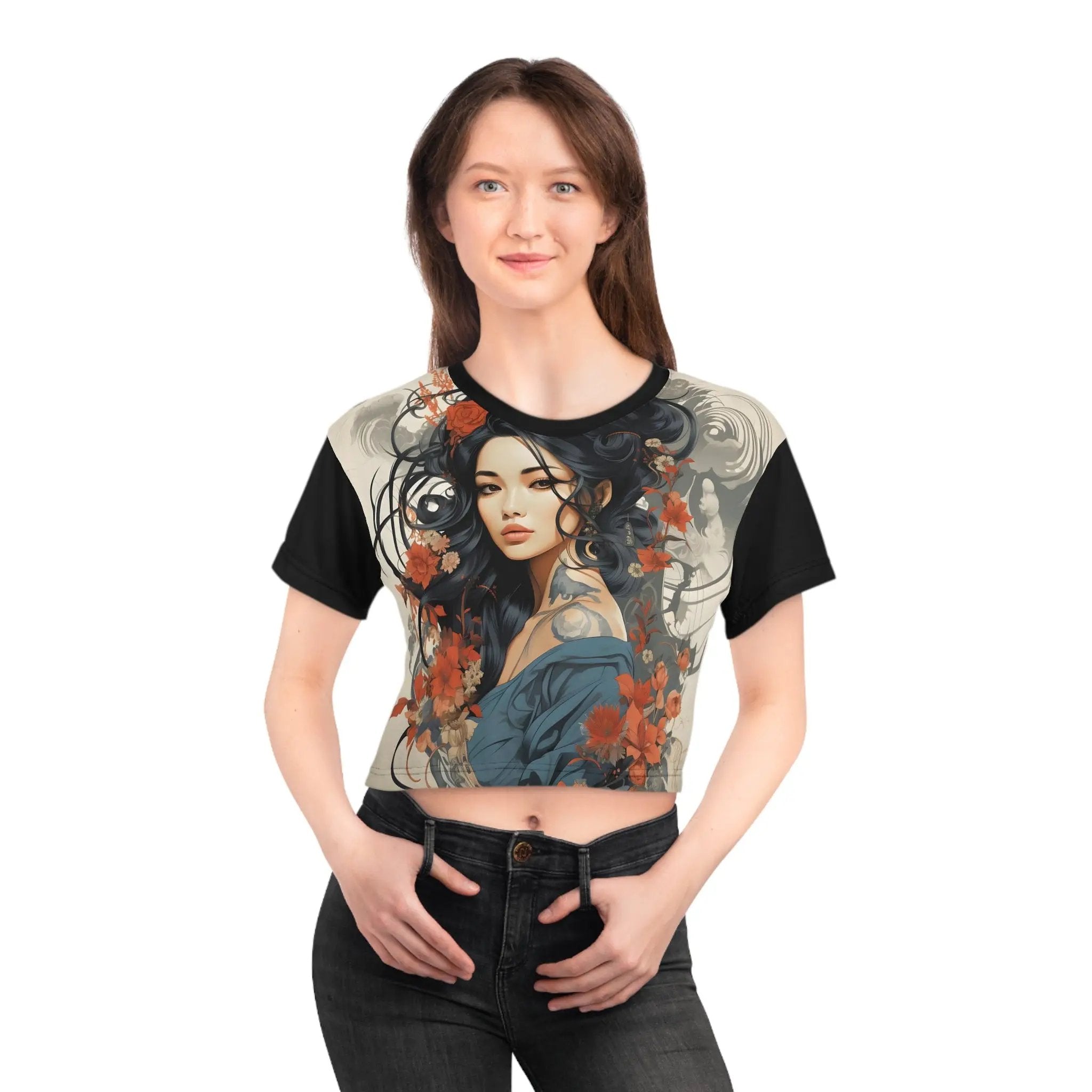 Crop shirts for women | a woman wearing a t - shirt with a picture of a woman on it