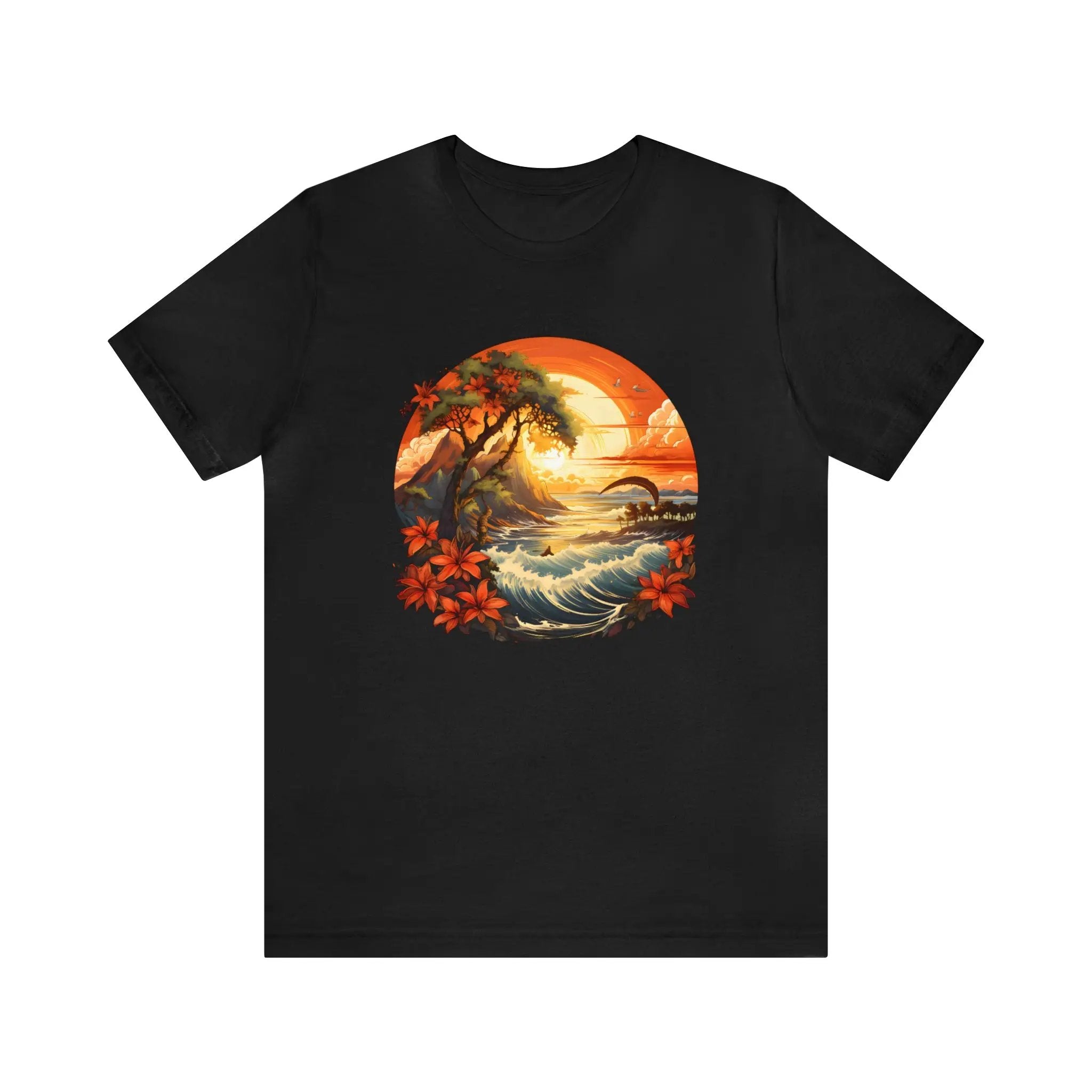 Couple t shirt | a black t - shirt with a painting of a sunset and palm trees