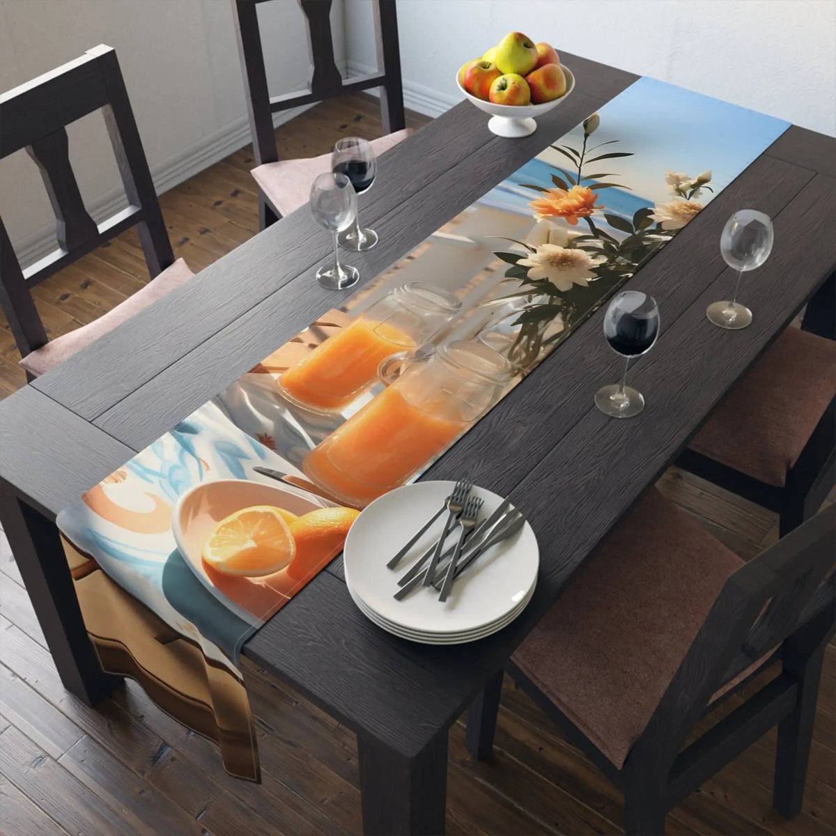 dining table Runner | a dining table with a picture of oranges on it