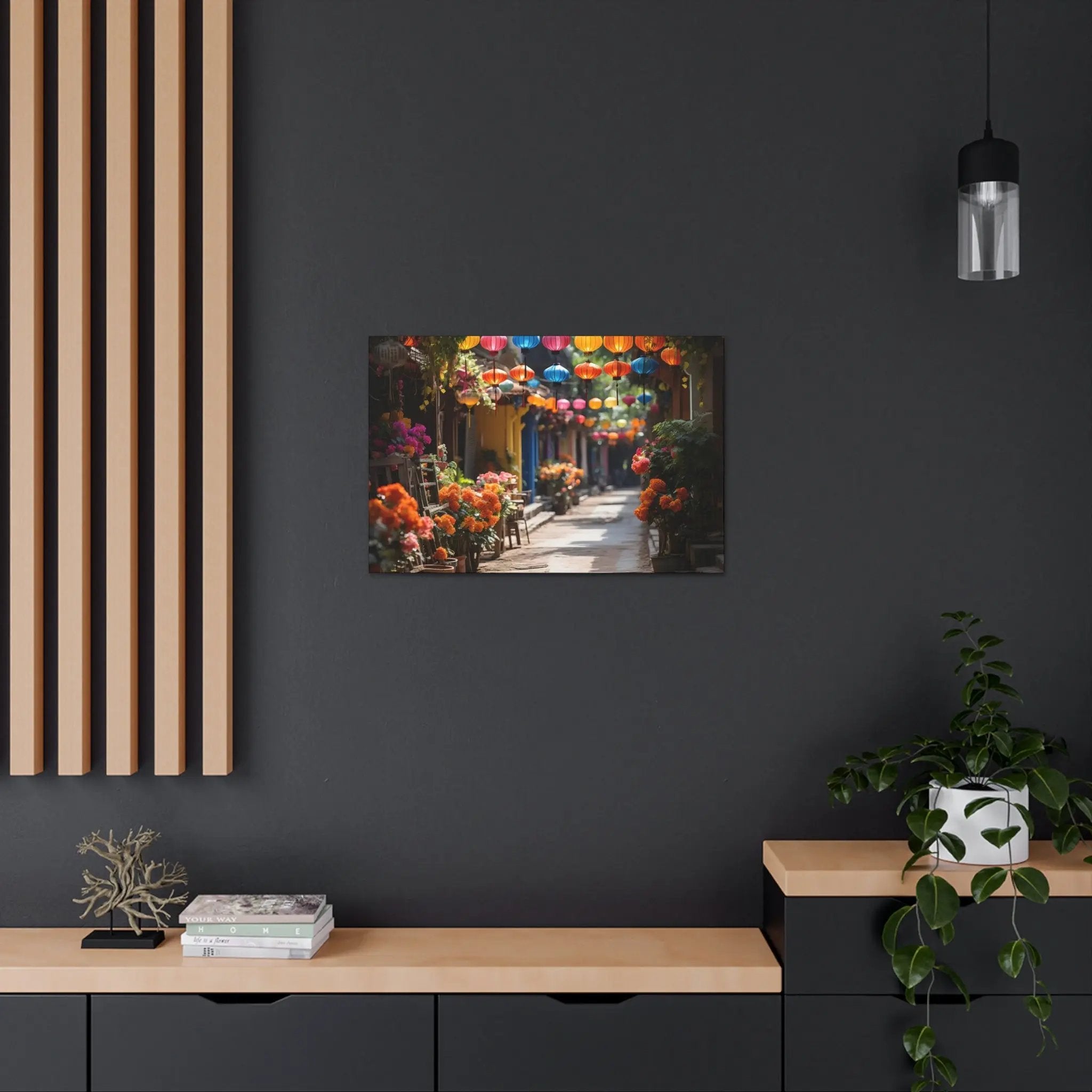 Canvas Gallery Wraps | a picture of a street with flowers and umbrellas