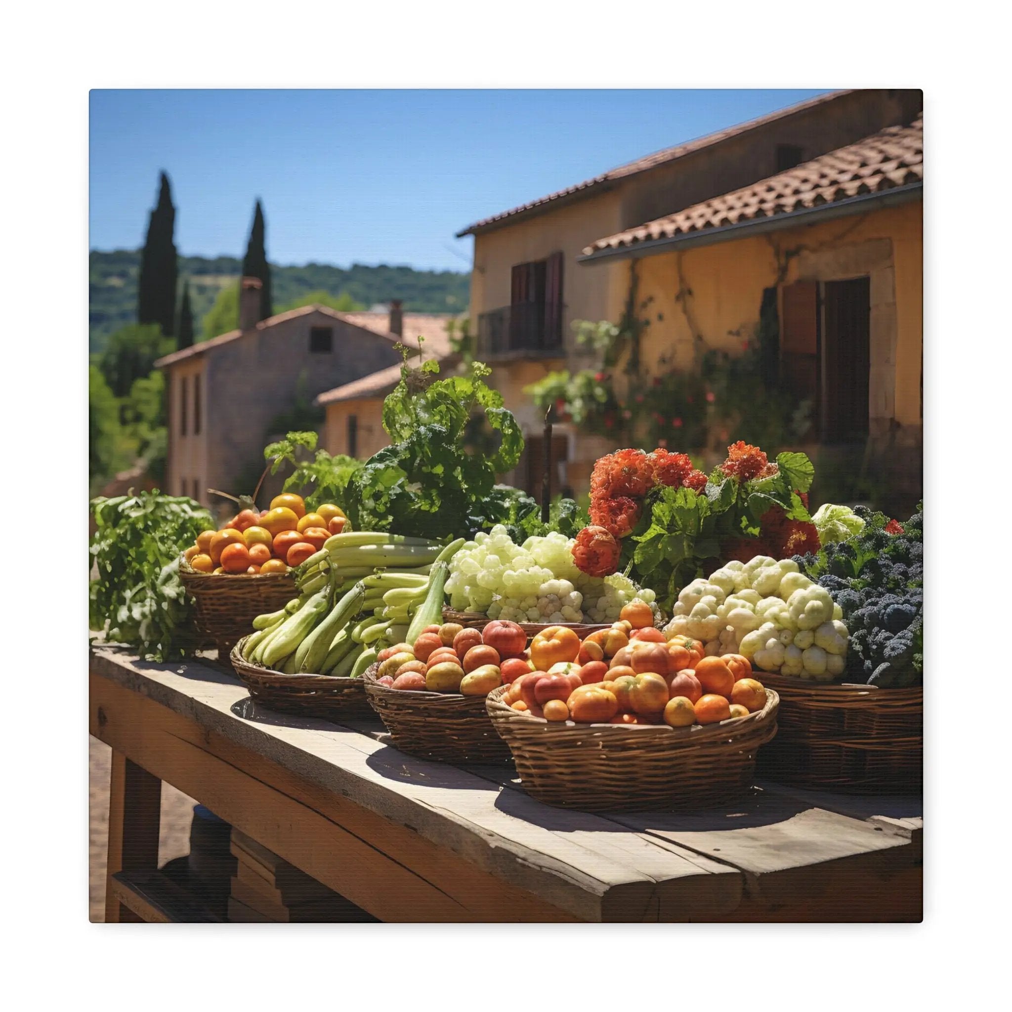 Canvas Gallery Wraps | a wooden table topped with baskets of fruit and vegetables