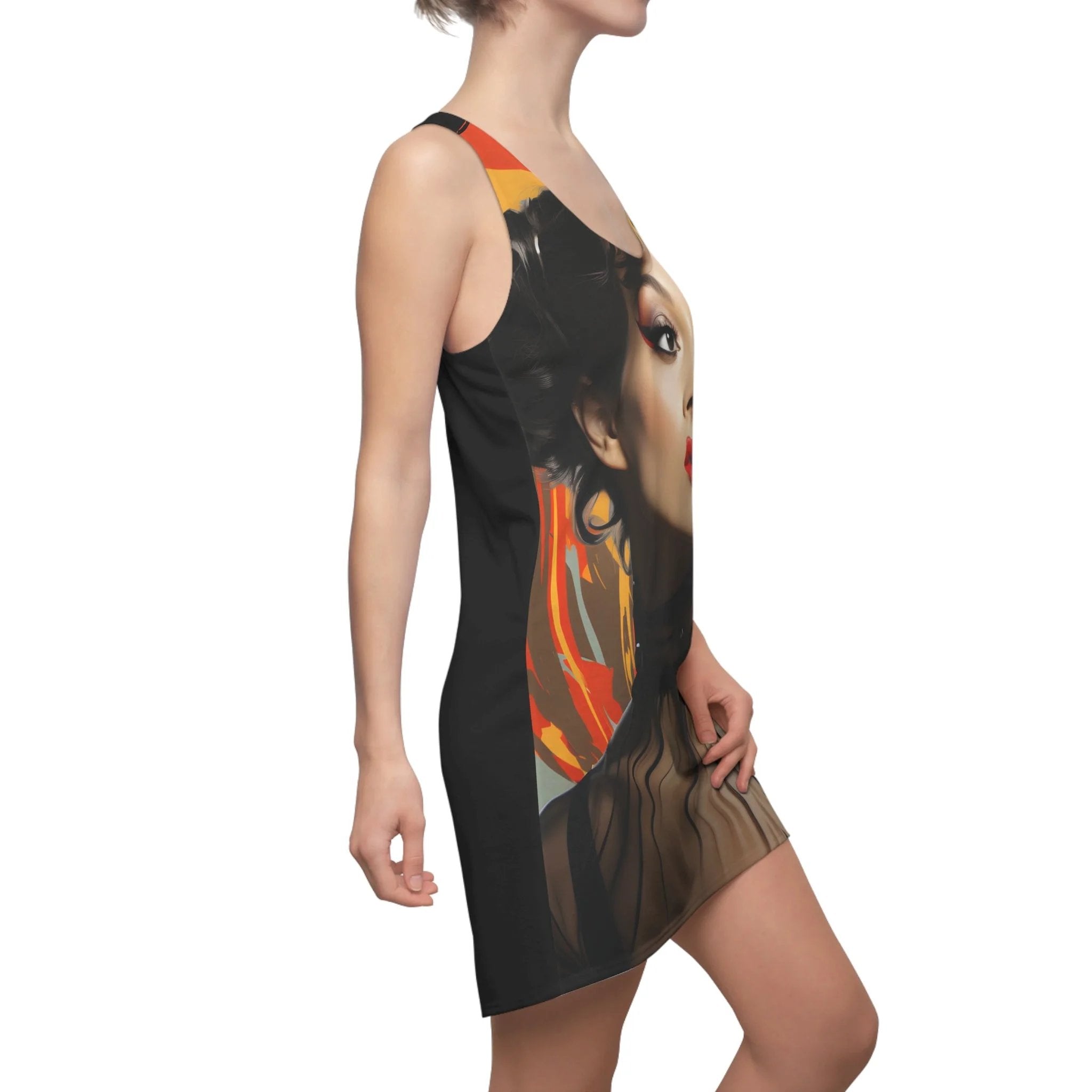 Woman summer dress | a woman wearing a dress with a picture of a woman on it