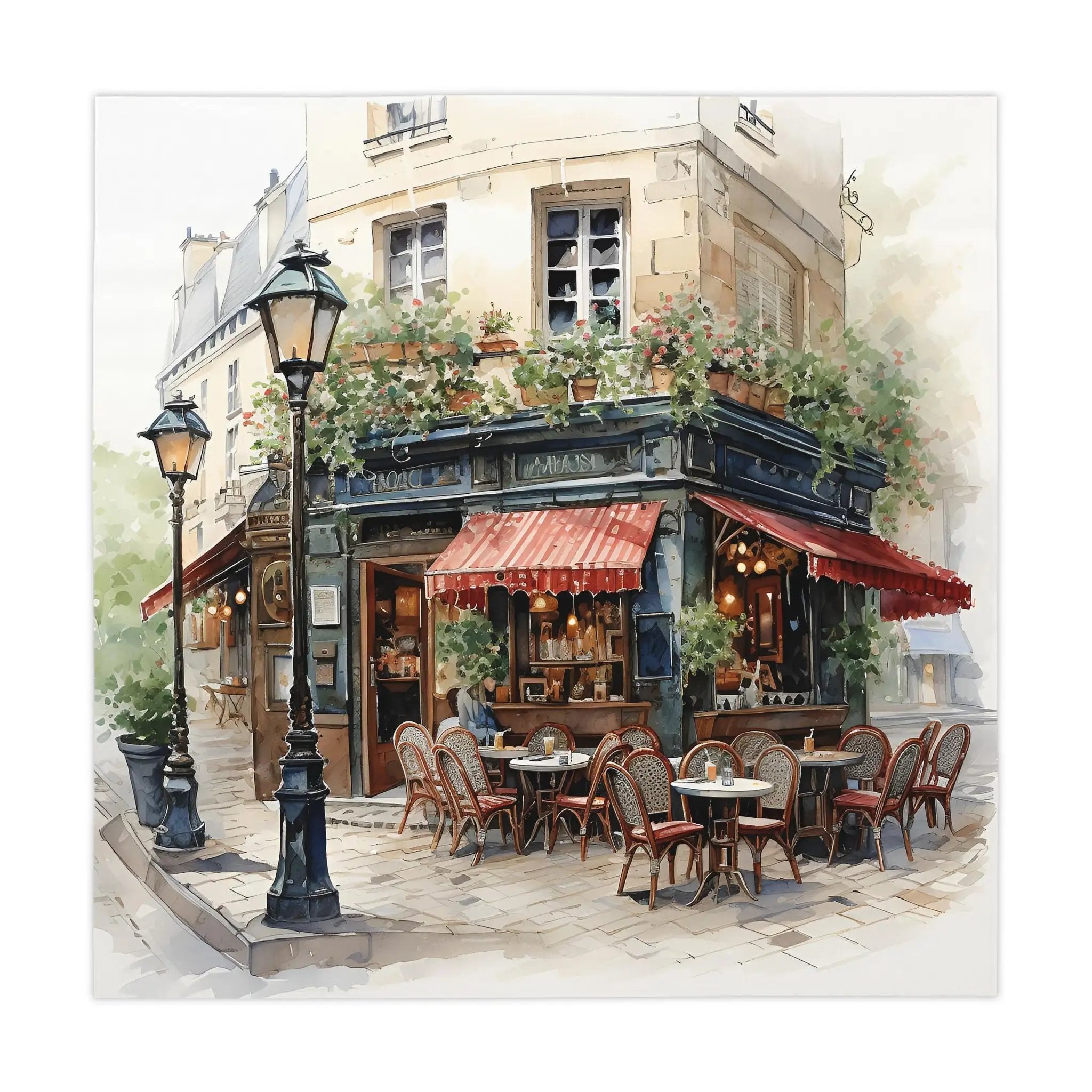 Square tablecloth | a painting of a restaurant with tables and chairs