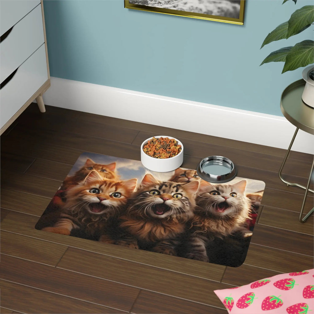 Pet Food Mat | a picture of three cats on a rug in a room