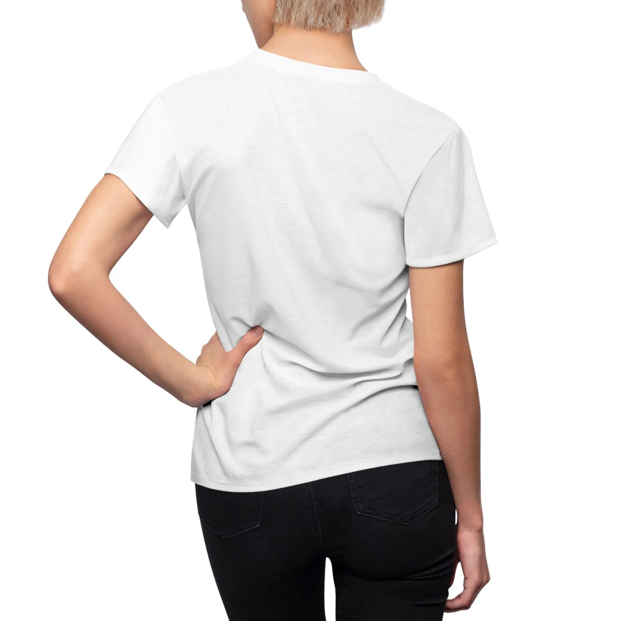 Women Tee | a woman wearing a white shirt and black pants