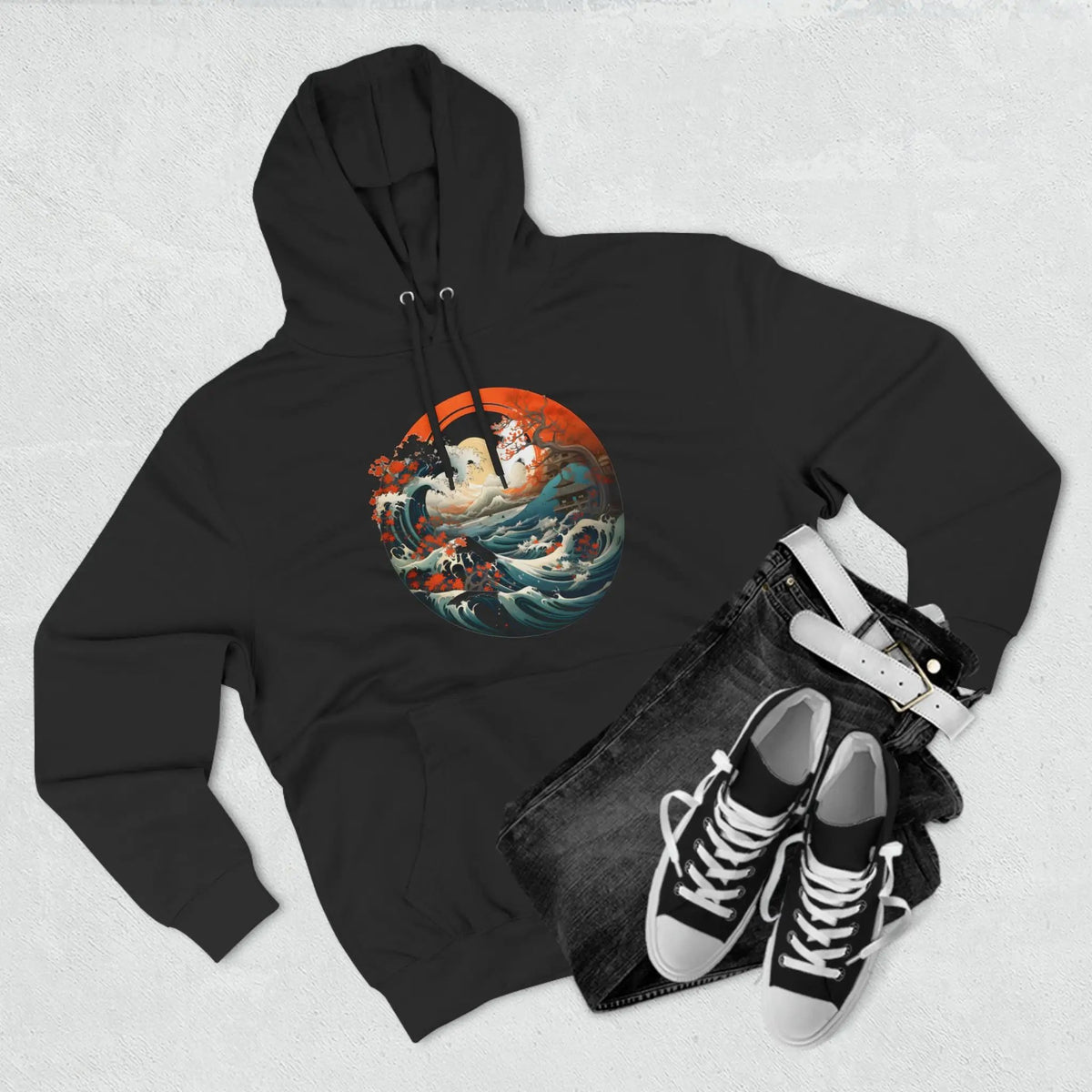 pullover hoodie | a black hoodie with an image of a pirate ship on it