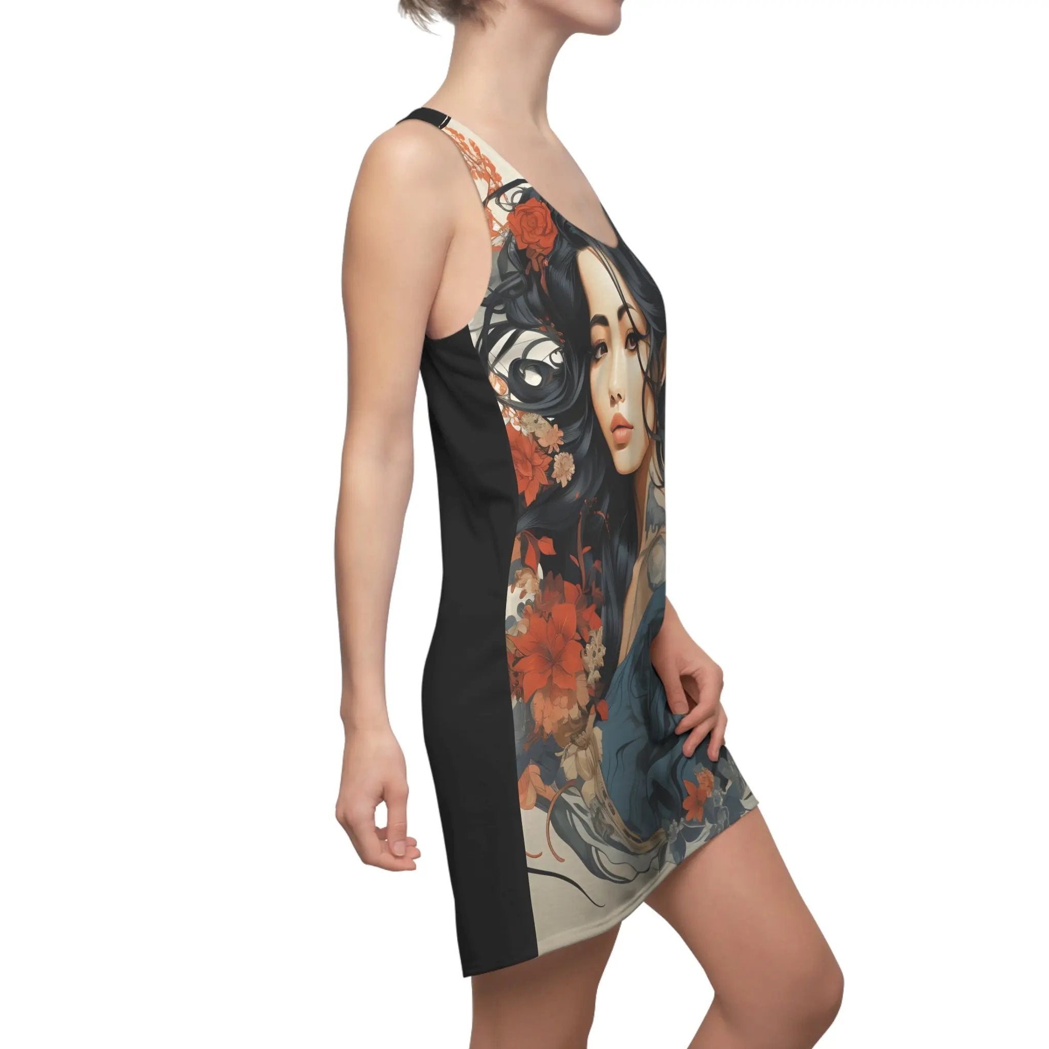 Woman summer dress | a woman wearing a dress with a picture of a woman on it