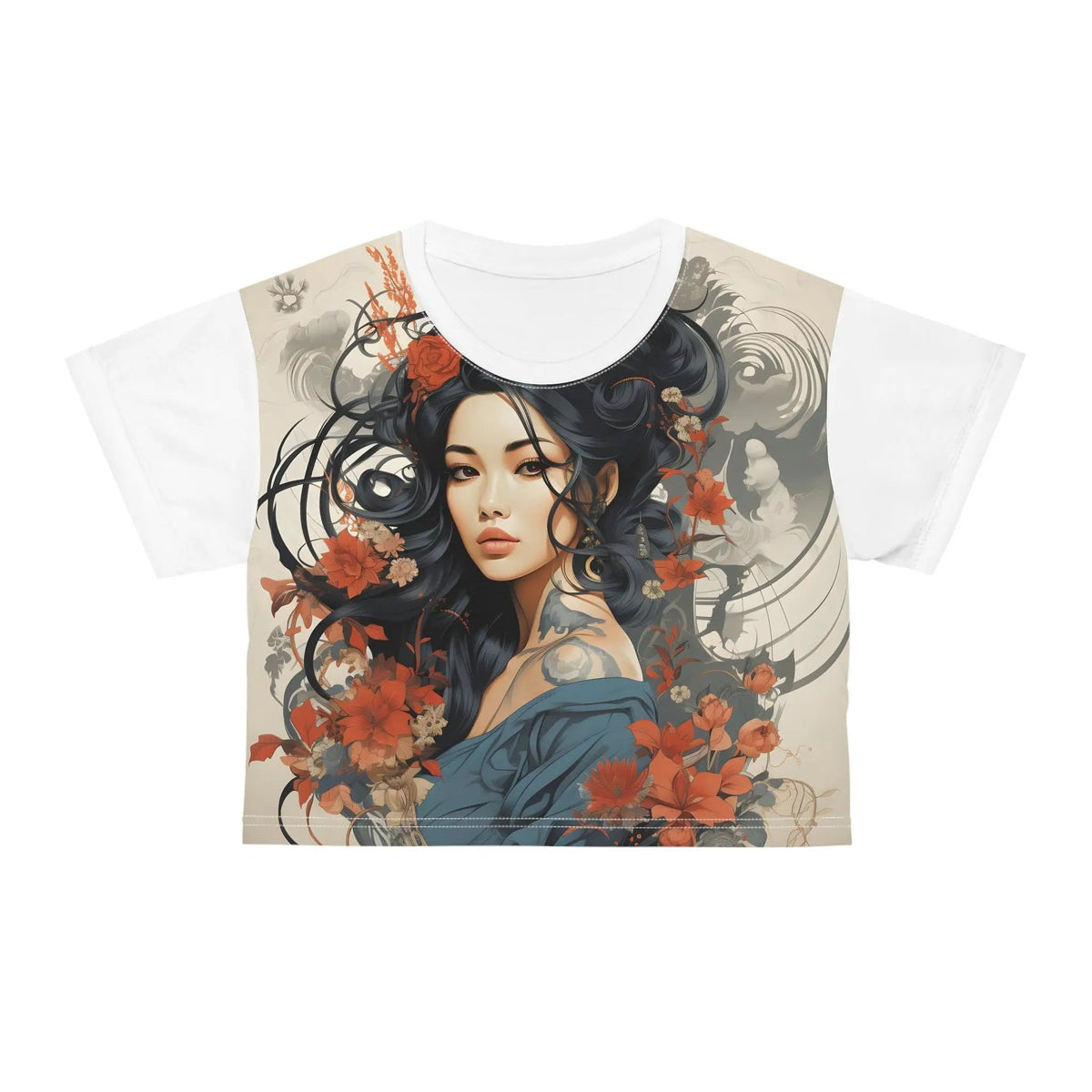 Crop shirts for women | shirt with a picture of a woman with flowers on it