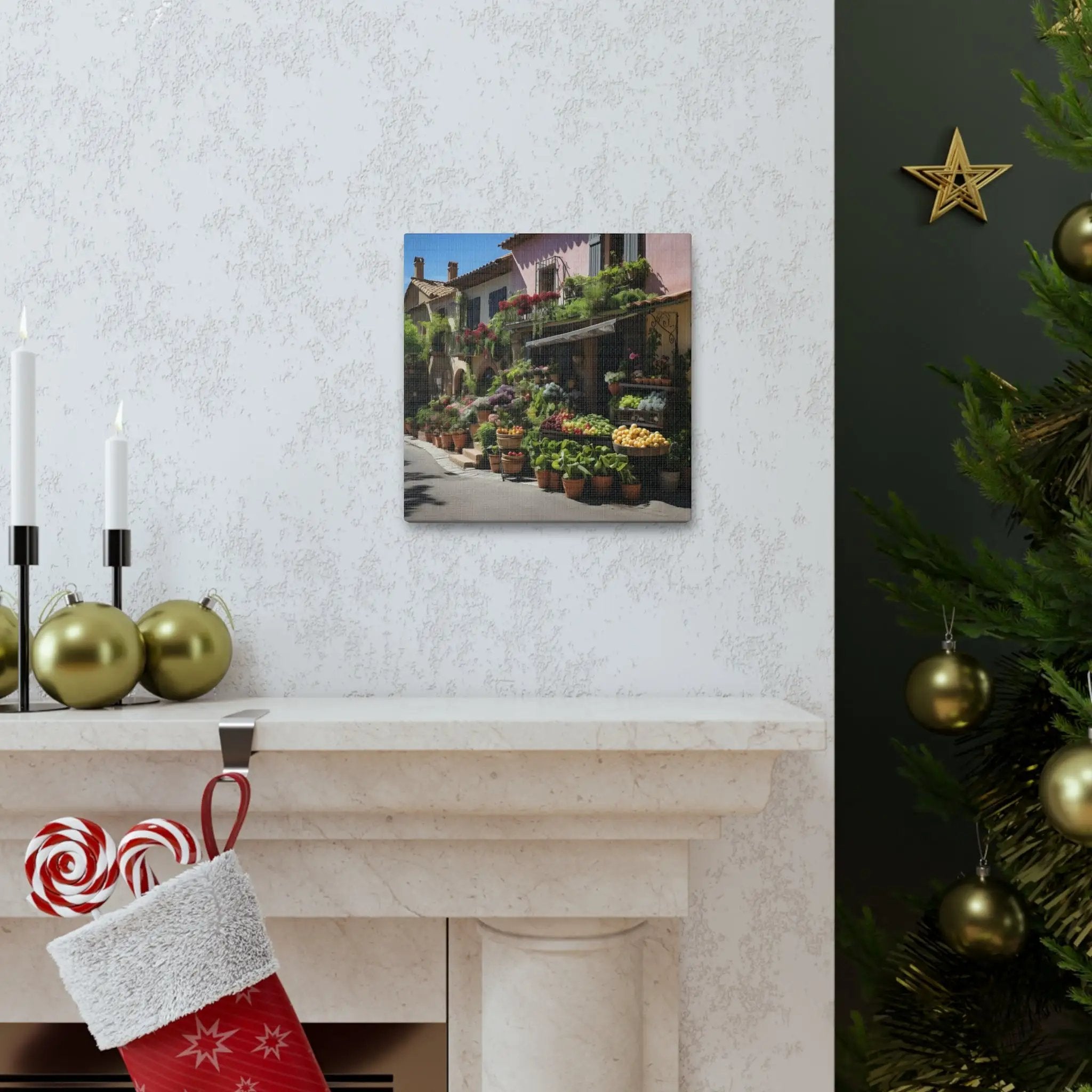 Canvas Gallery Wraps | a Christmas stocking hanging on a fireplace mantel