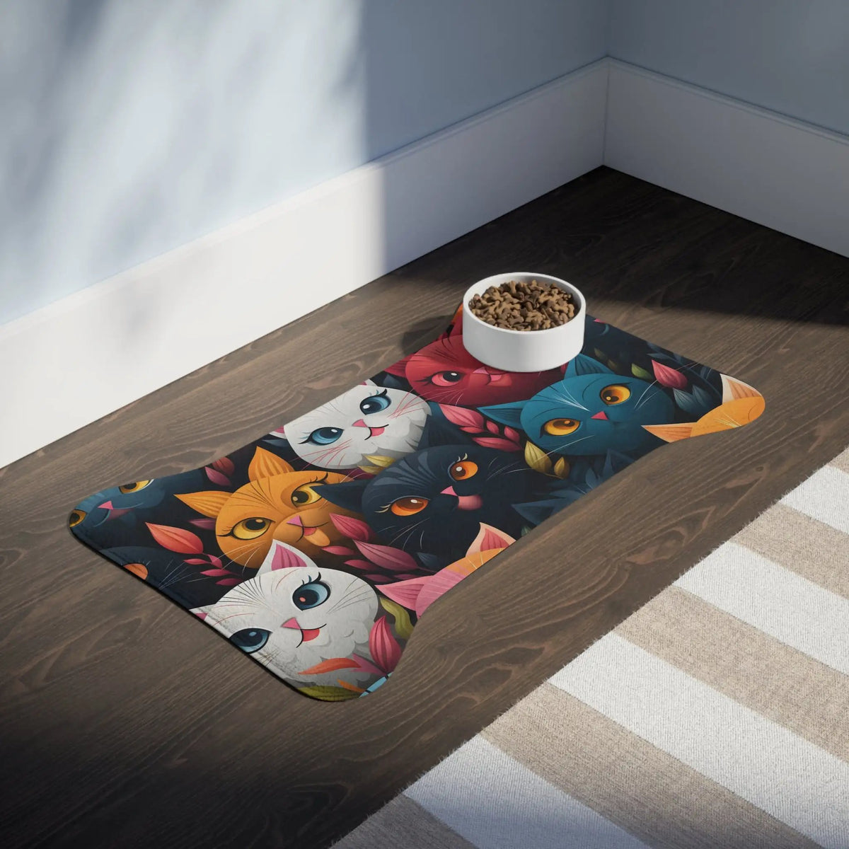 Pet Feeding Mats | a cat mat with a bowl of food on top of it