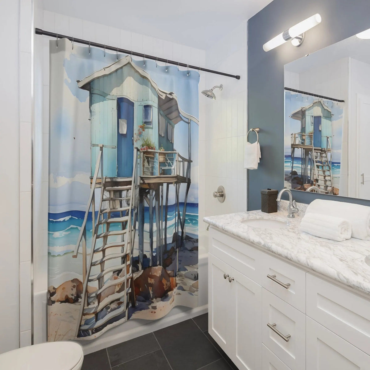 shower curtain rod | a bathroom with a shower curtain with a picture of a beach house