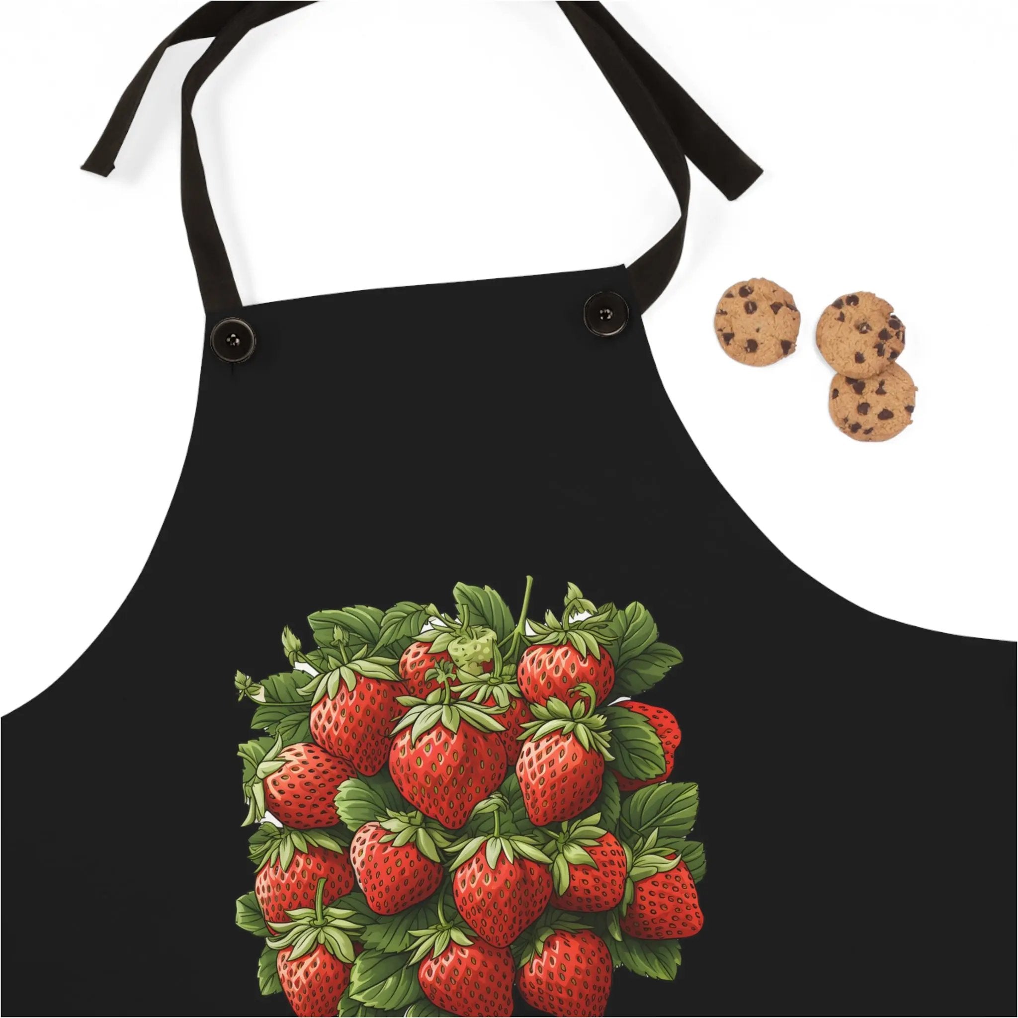 Chef Apron | a black apron with a picture of strawberries on it