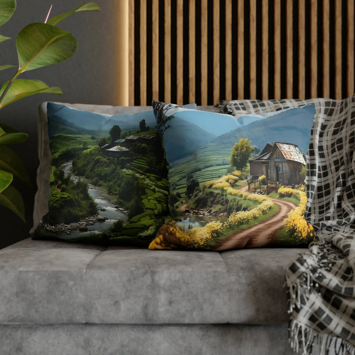 three pillows on a couch with a picture of a house on it