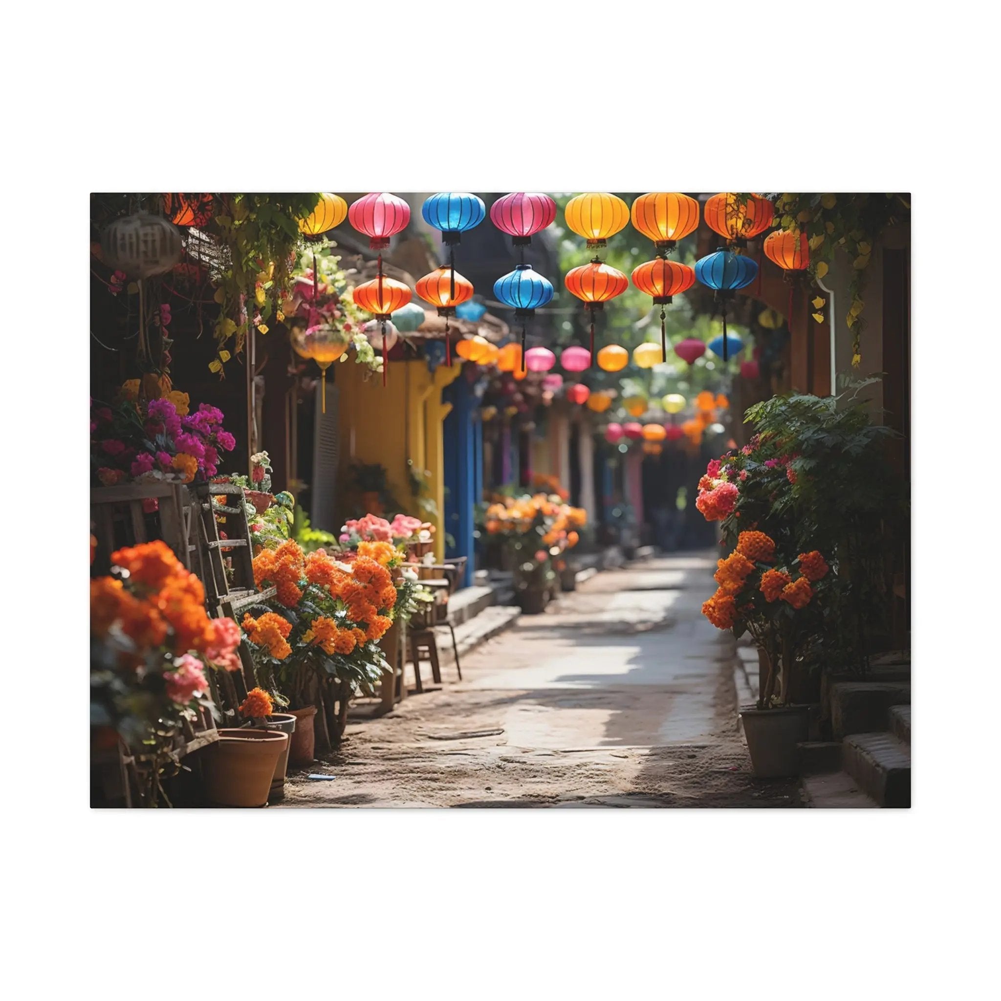 Canvas Gallery Wraps | a narrow street lined with potted plants and colorful umbrellas