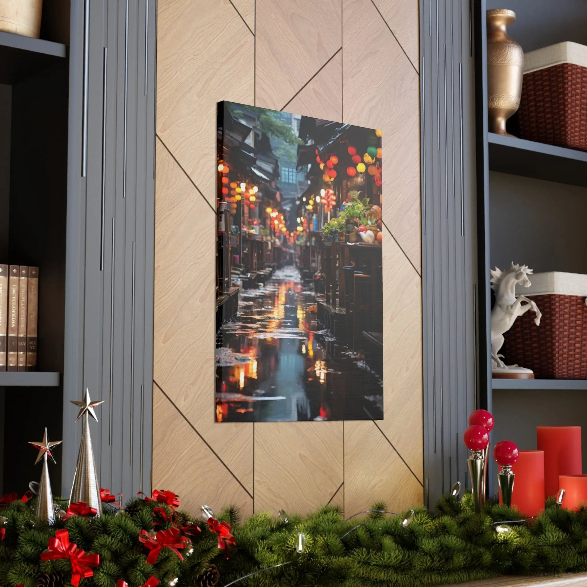 Canvas Gallery Wraps | a picture of a city street with Christmas decorations