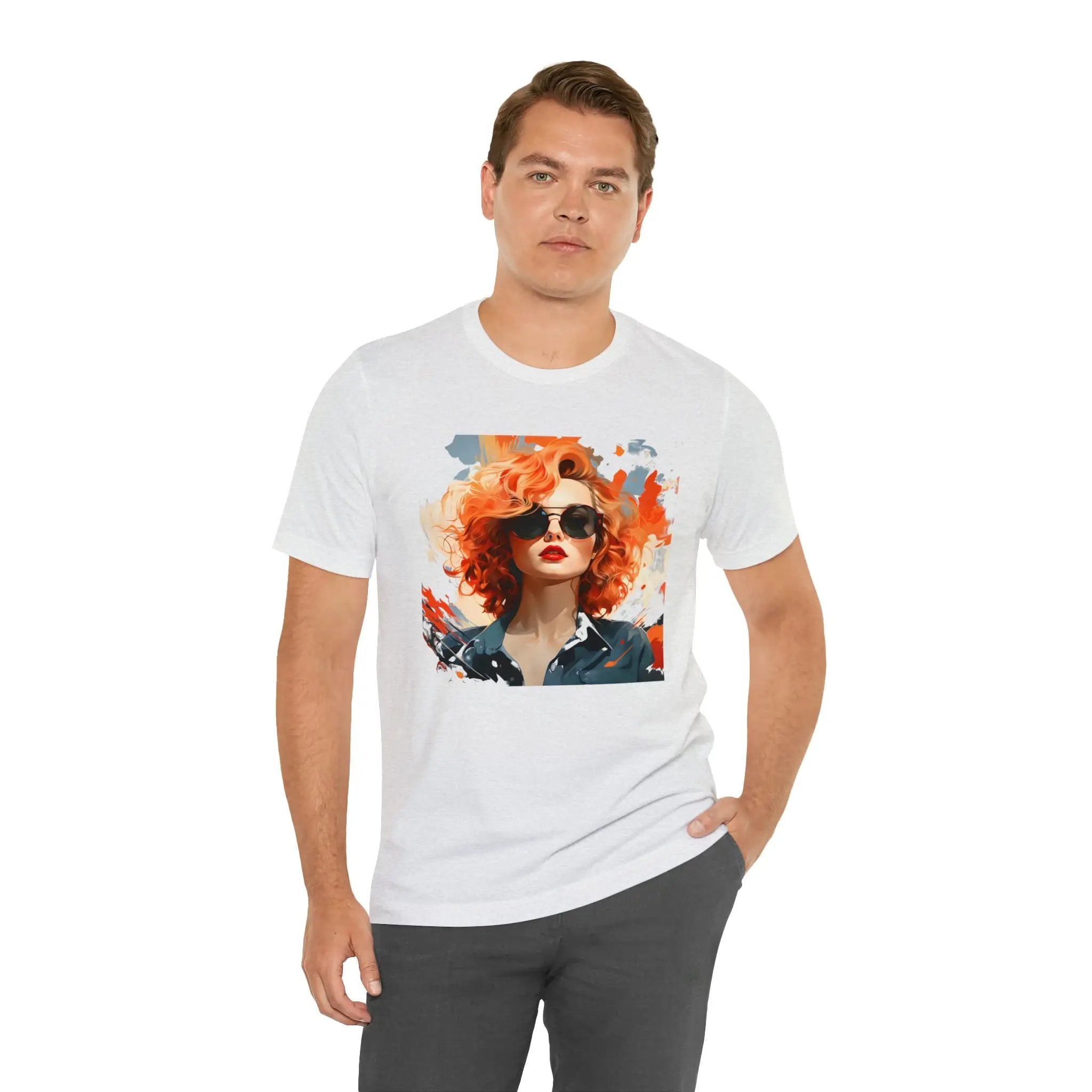 Couple t shirt | a man wearing a white t - shirt with a picture of a woman on it