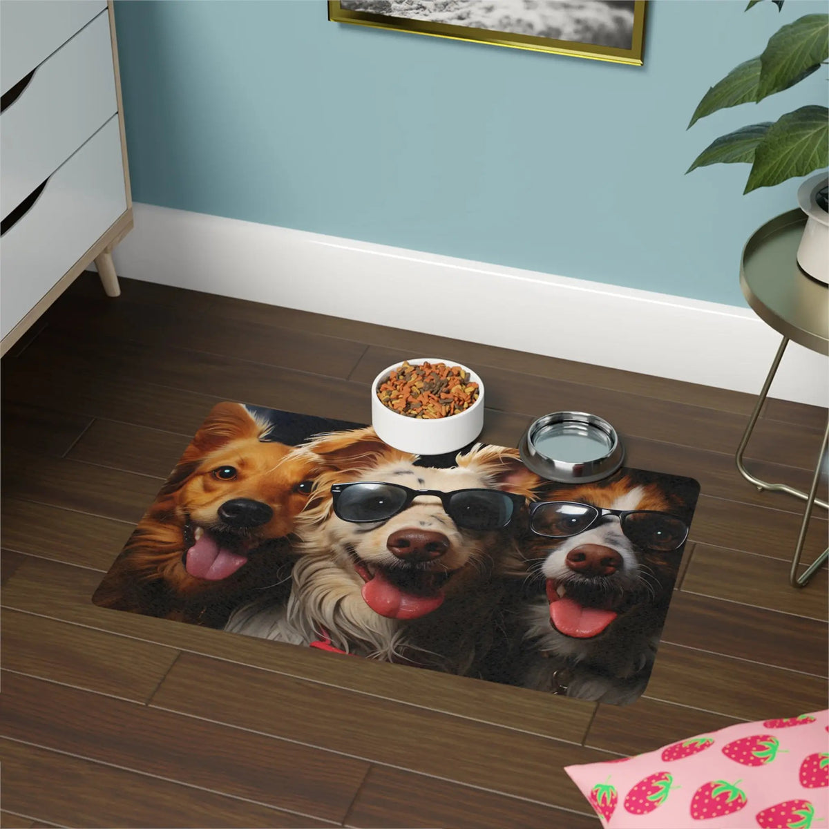 Pet Food Mat | three dogs wearing sunglasses and eating food on the floor