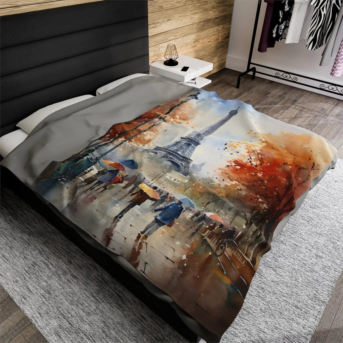 bedroom Blanket | a bed with a picture of the Eiffel tower on it