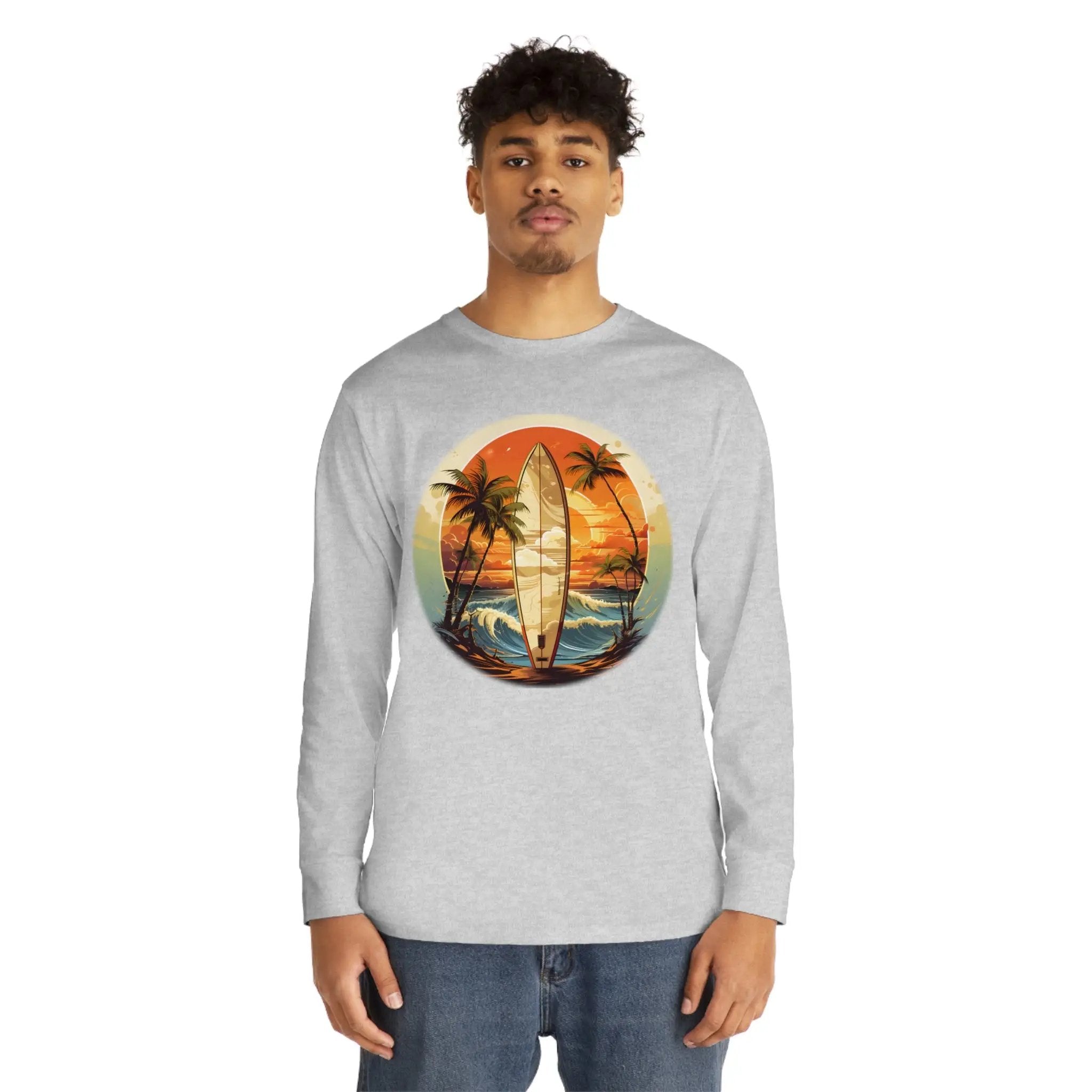 Long Sleeve t shirt | a man wearing a long sleeve shirt with a surfboard on it