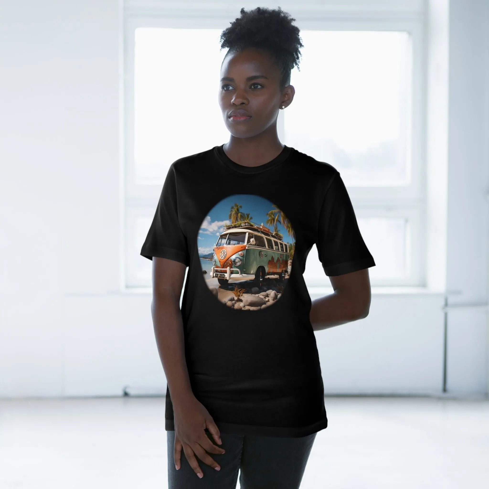 graphic men shirt | a woman wearing a black t - shirt with an orange and white bus on it