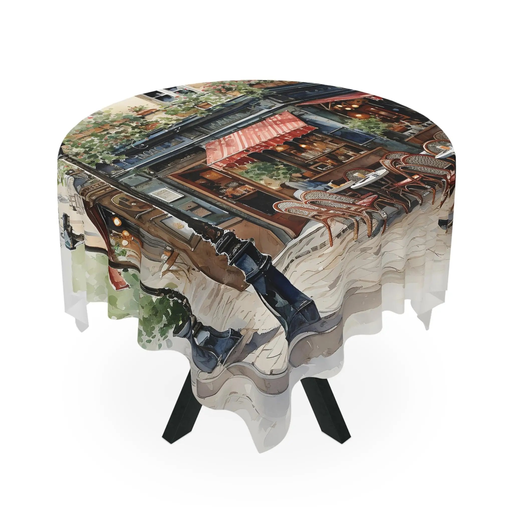 Square tablecloth | a table with a picture of a building on it