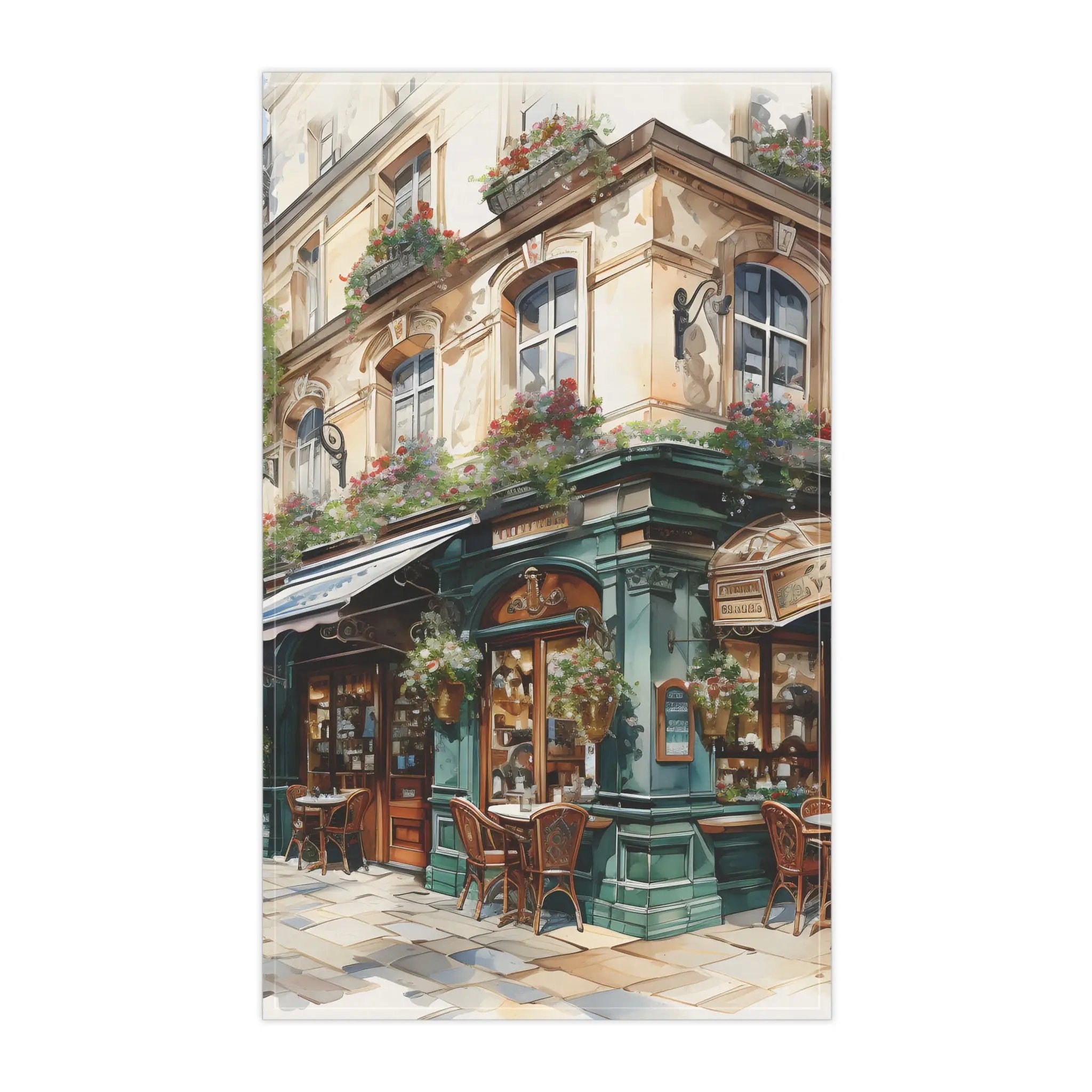 Kitchen Towel | a painting of a restaurant in a european city