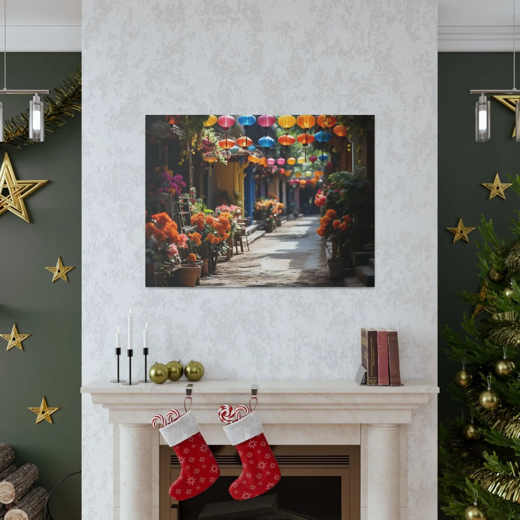 Canvas Gallery Wraps | a living room with a fire place and a Christmas tree