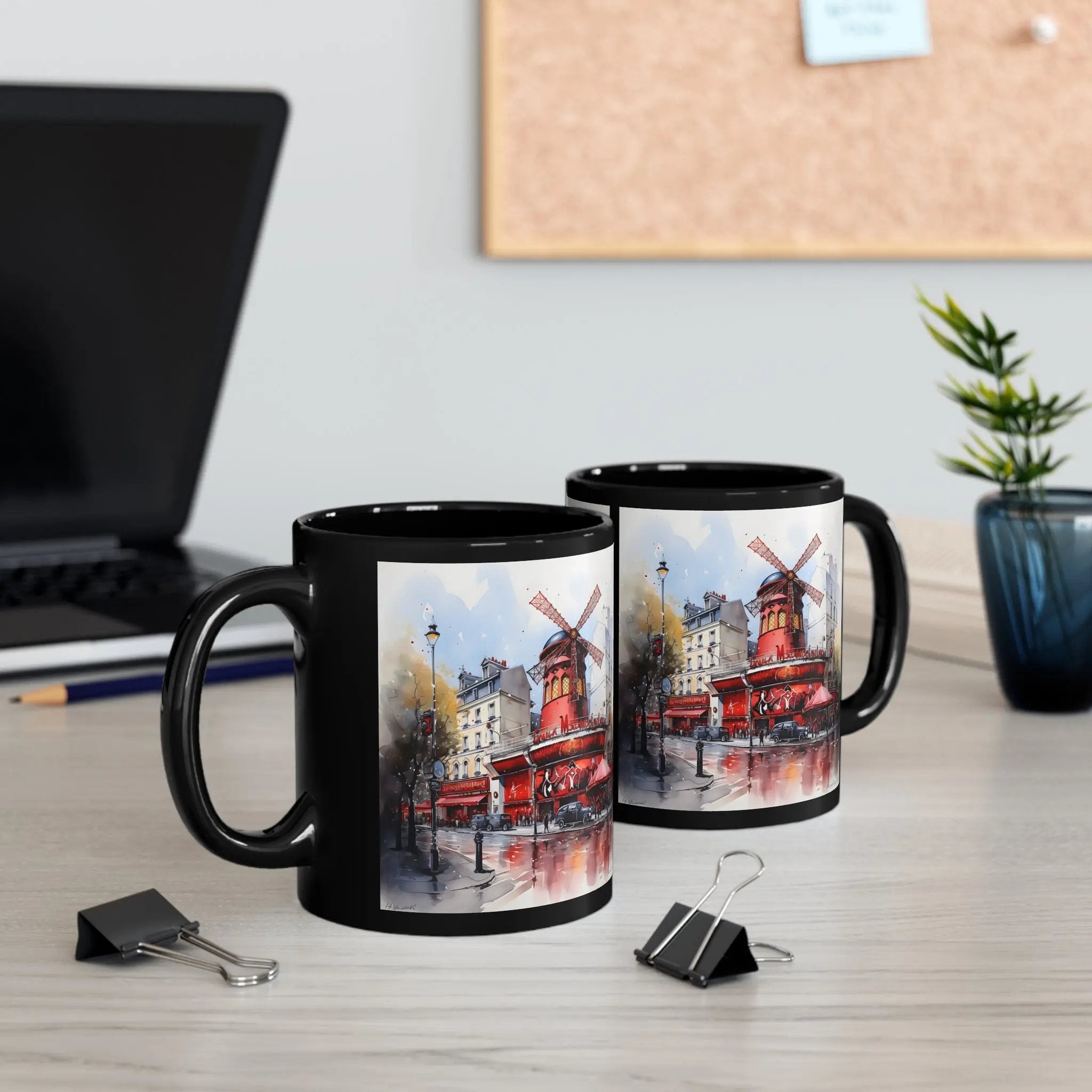 Mugs coffee | two coffee mugs with a picture of a windmill on them