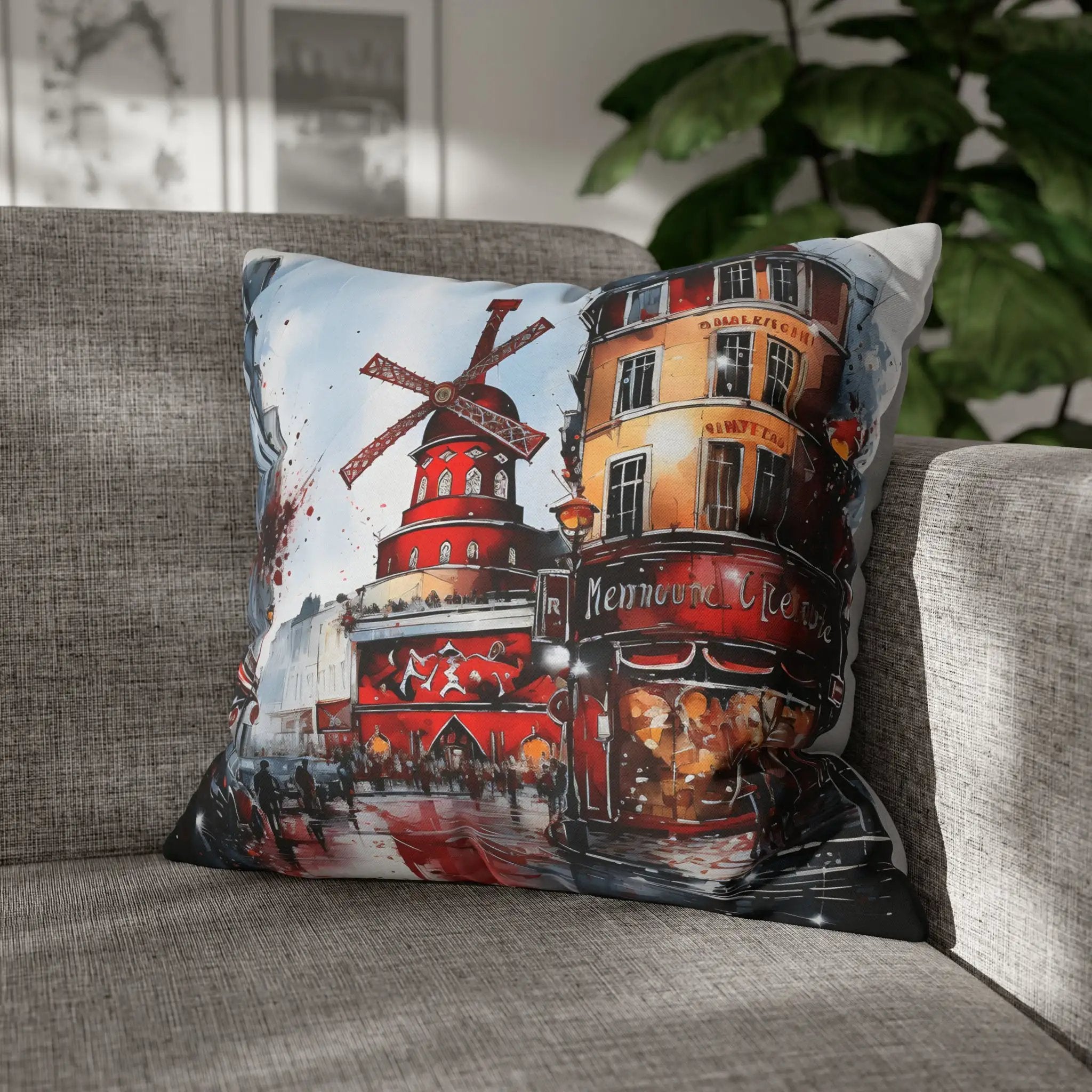 pillow cover | a painting of a windmill on a pillow on a couch