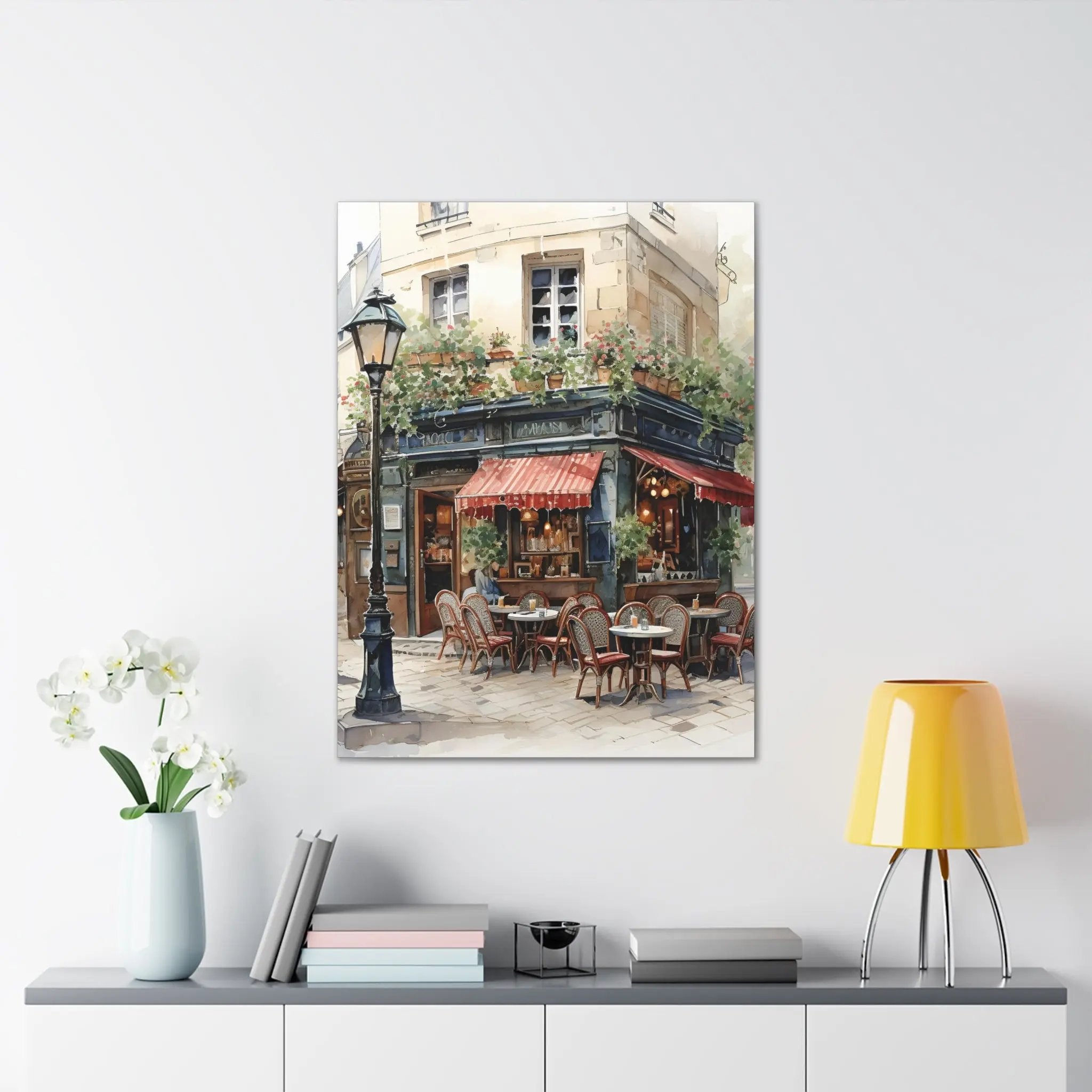 Canvas Gallery Wraps | a painting of an outdoor cafe with a lamp post