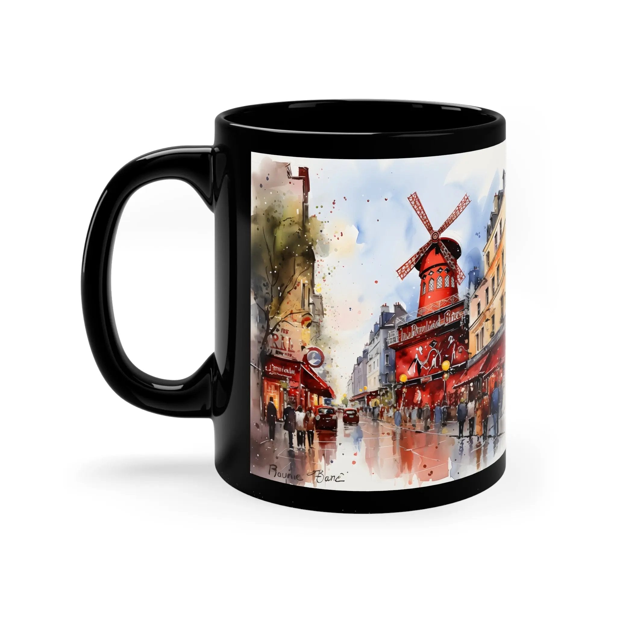 Mugs coffee | a black coffee mug with a painting of a windmill